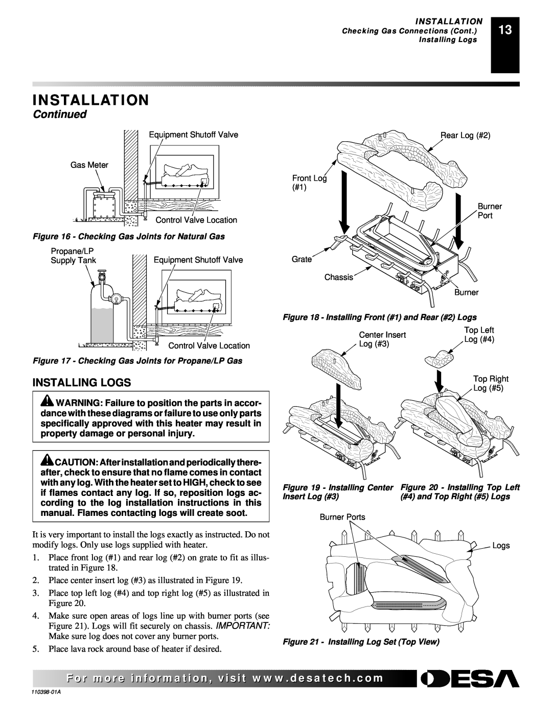 Desa VYM27NRPR installation manual Installation, Continued, Installing Logs 