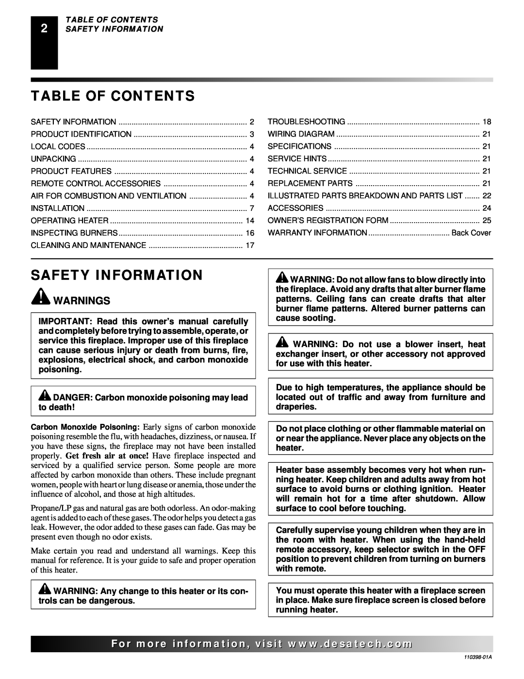 Desa VYM27NRPR installation manual Table Of Contents, Safety Information, For..com, Warnings 