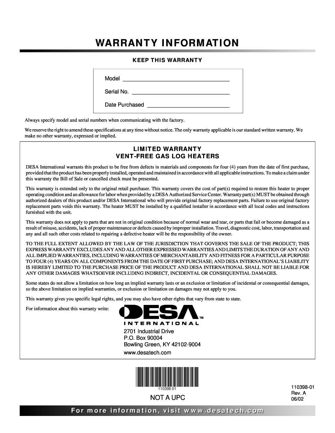 Desa VYM27NRPR installation manual Warranty Information, Not A Upc, For..com, Limited Warranty Vent-Free Gas Log Heaters 