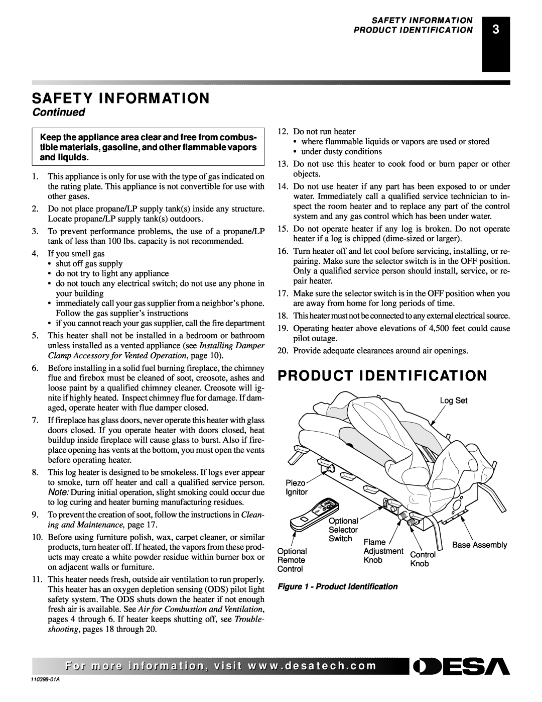 Desa VYM27NRPR installation manual Product Identification, Continued, Safety Information 