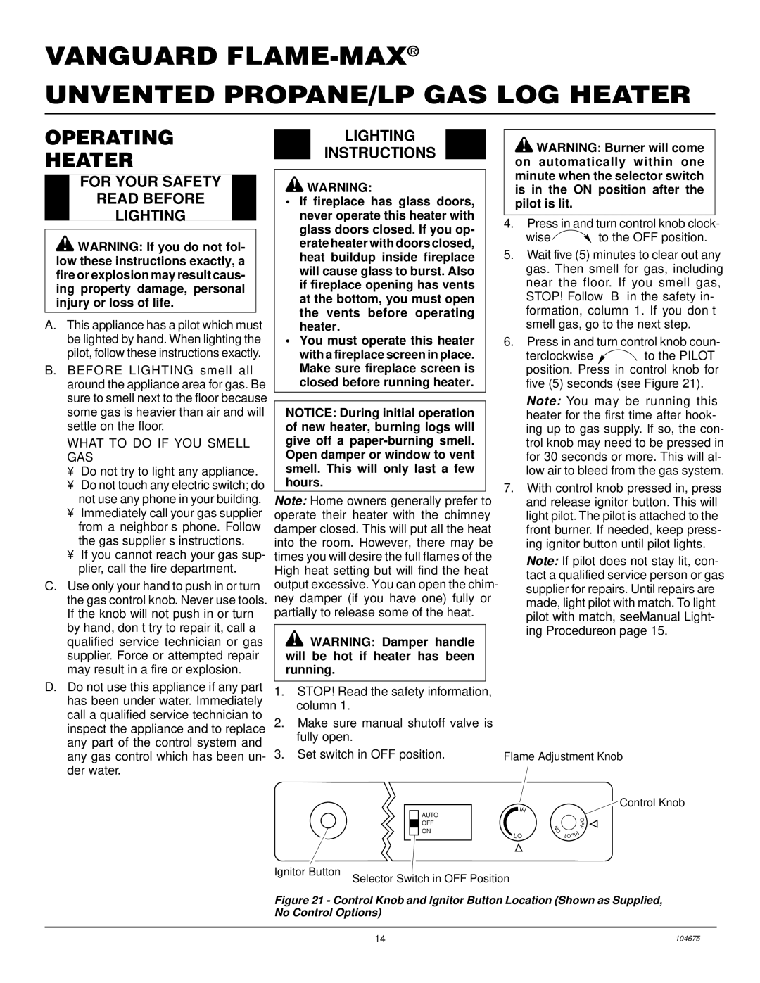 Desa VYM27PR installation manual Operating Heater, For Your Safety Read Before Lighting, Lighting Instructions 