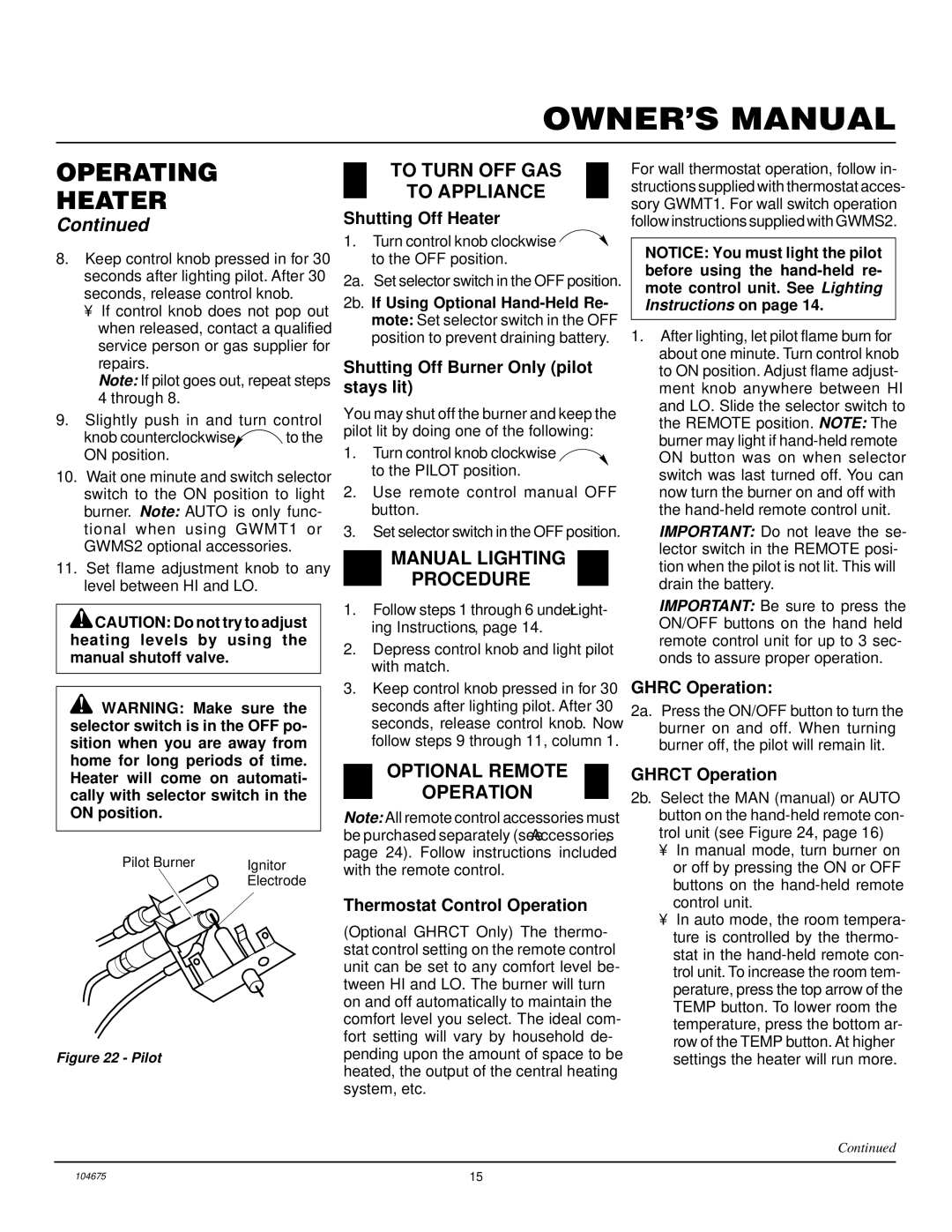 Desa VYM27PR installation manual To Turn OFF GAS To Appliance, Manual Lighting Procedure, Optional Remote Operation 