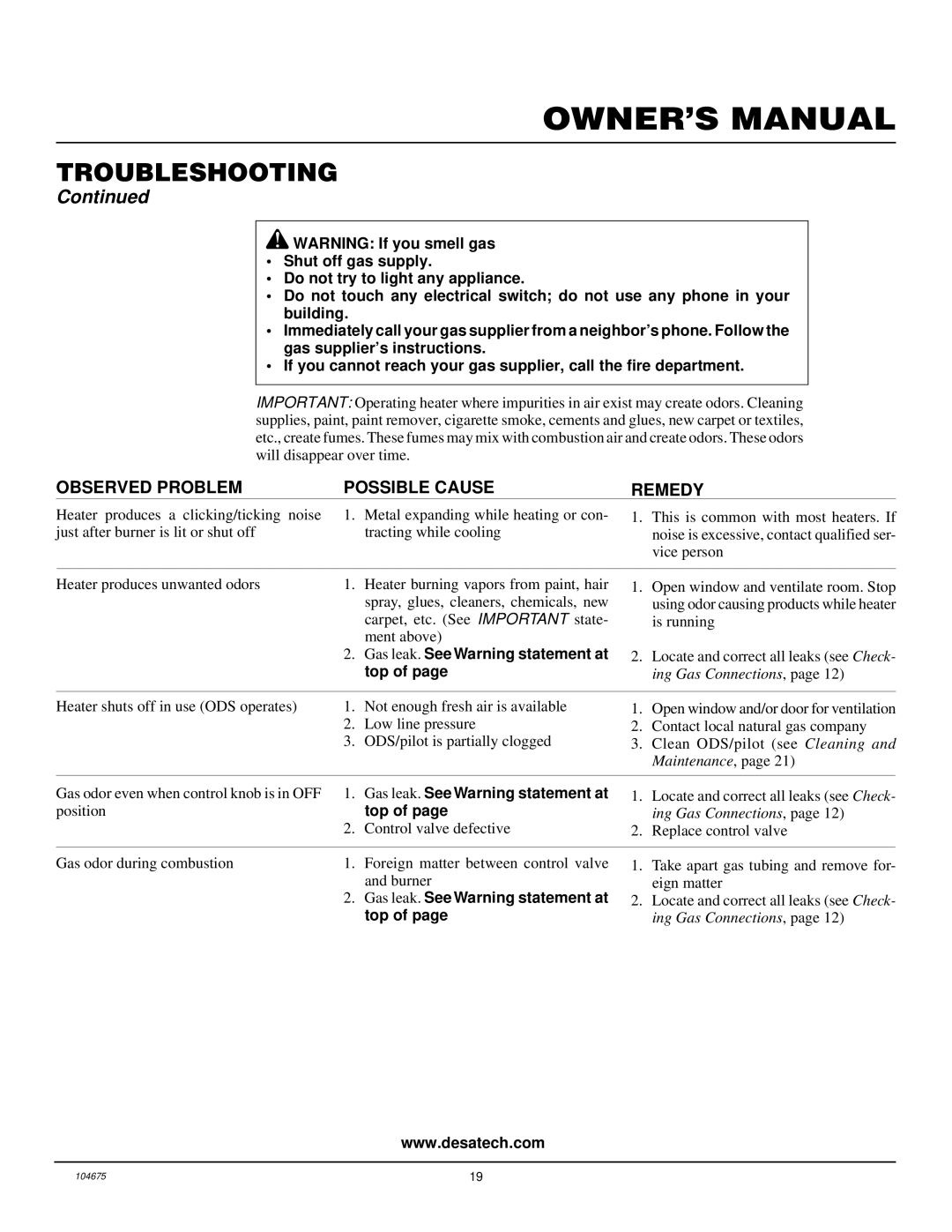 Desa VYM27PR installation manual Gas leak. See Warning statement at, Top 