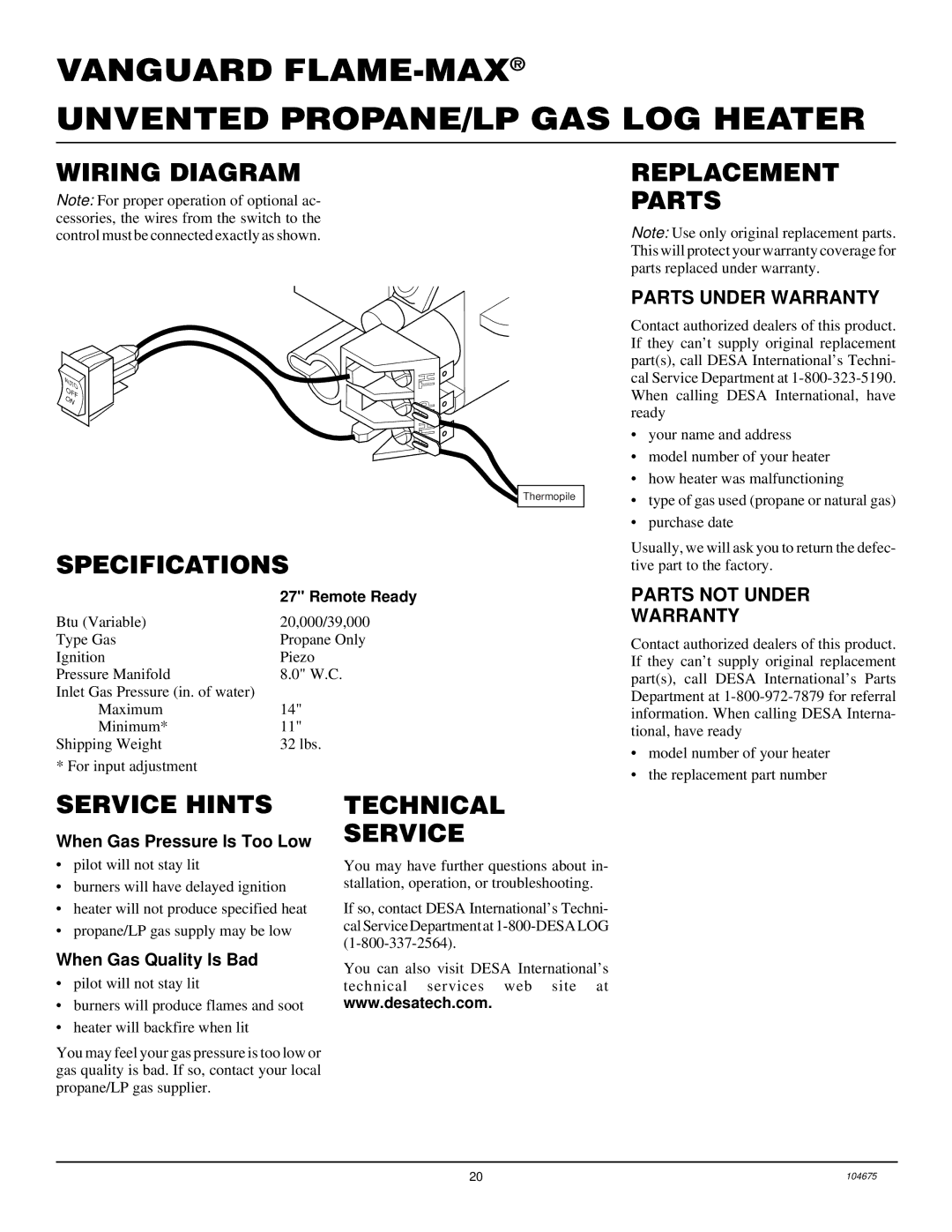 Desa VYM27PR installation manual Wiring Diagram Replacement Parts, Specifications, Service Hints, Technical Service 