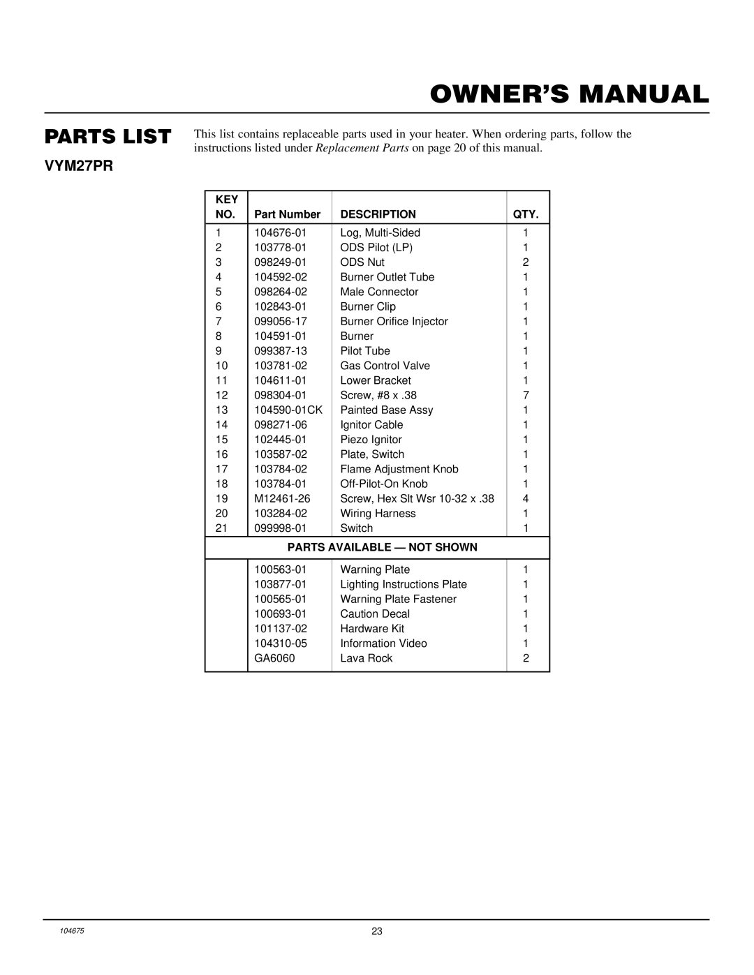 Desa VYM27PR installation manual Parts List, Description QTY 