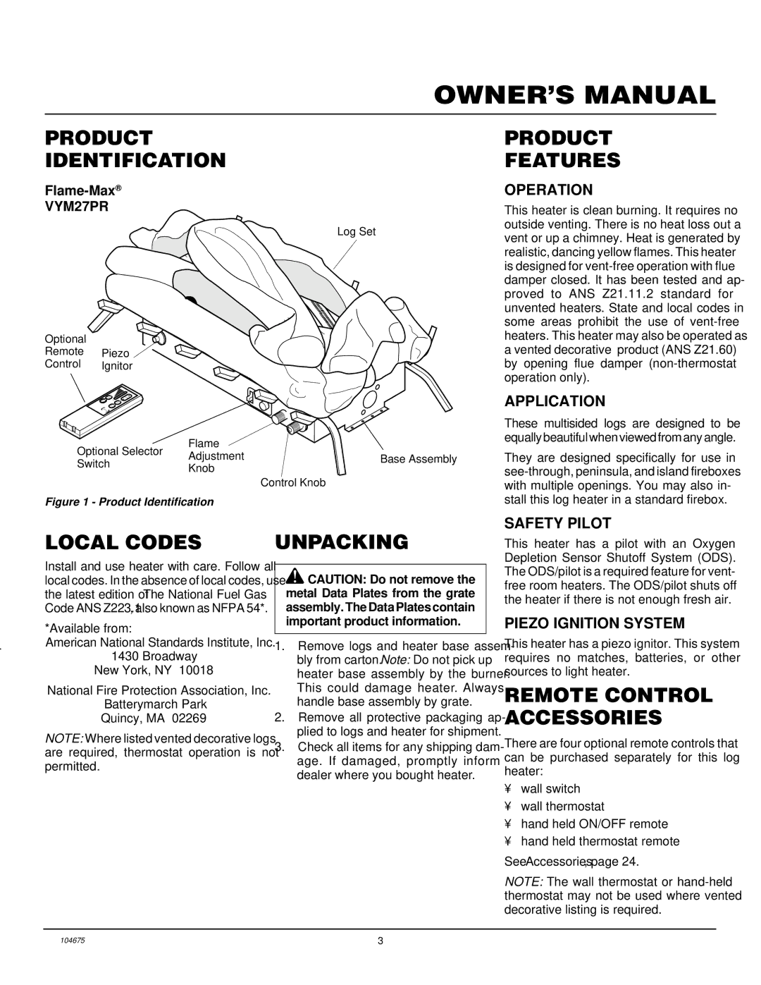 Desa VYM27PR Product Identification, Product Features, Local Codes, Unpacking, Remote Control Accessories 