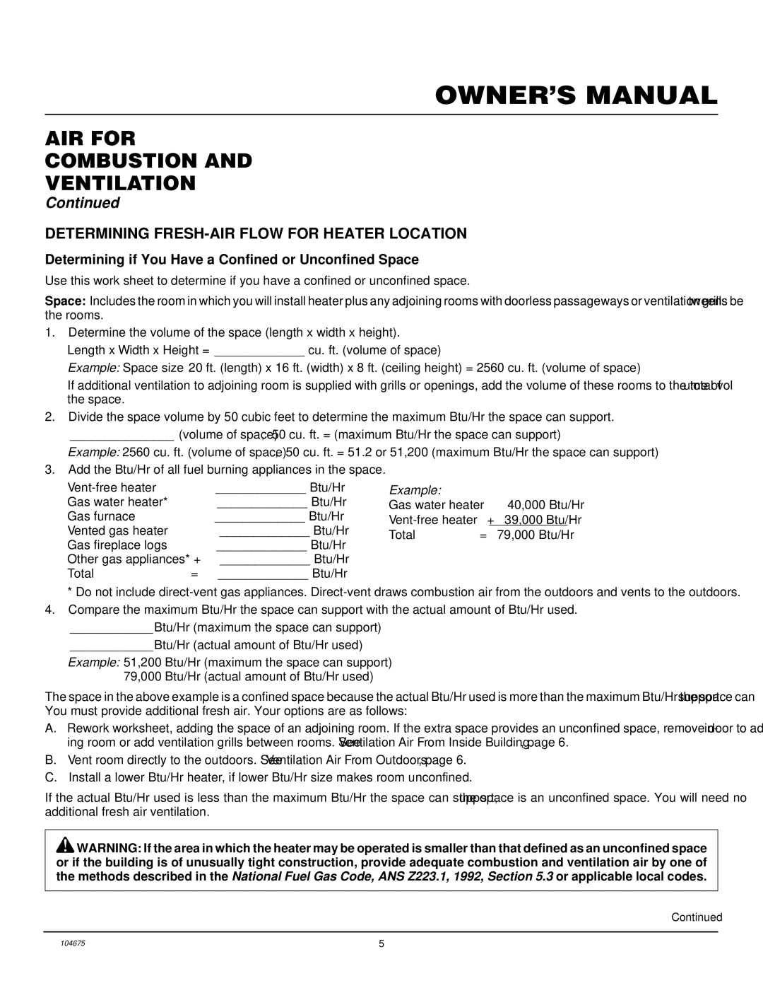 Desa VYM27PR installation manual AIR for Combustion Ventilation, Determining FRESH-AIR Flow for Heater Location 