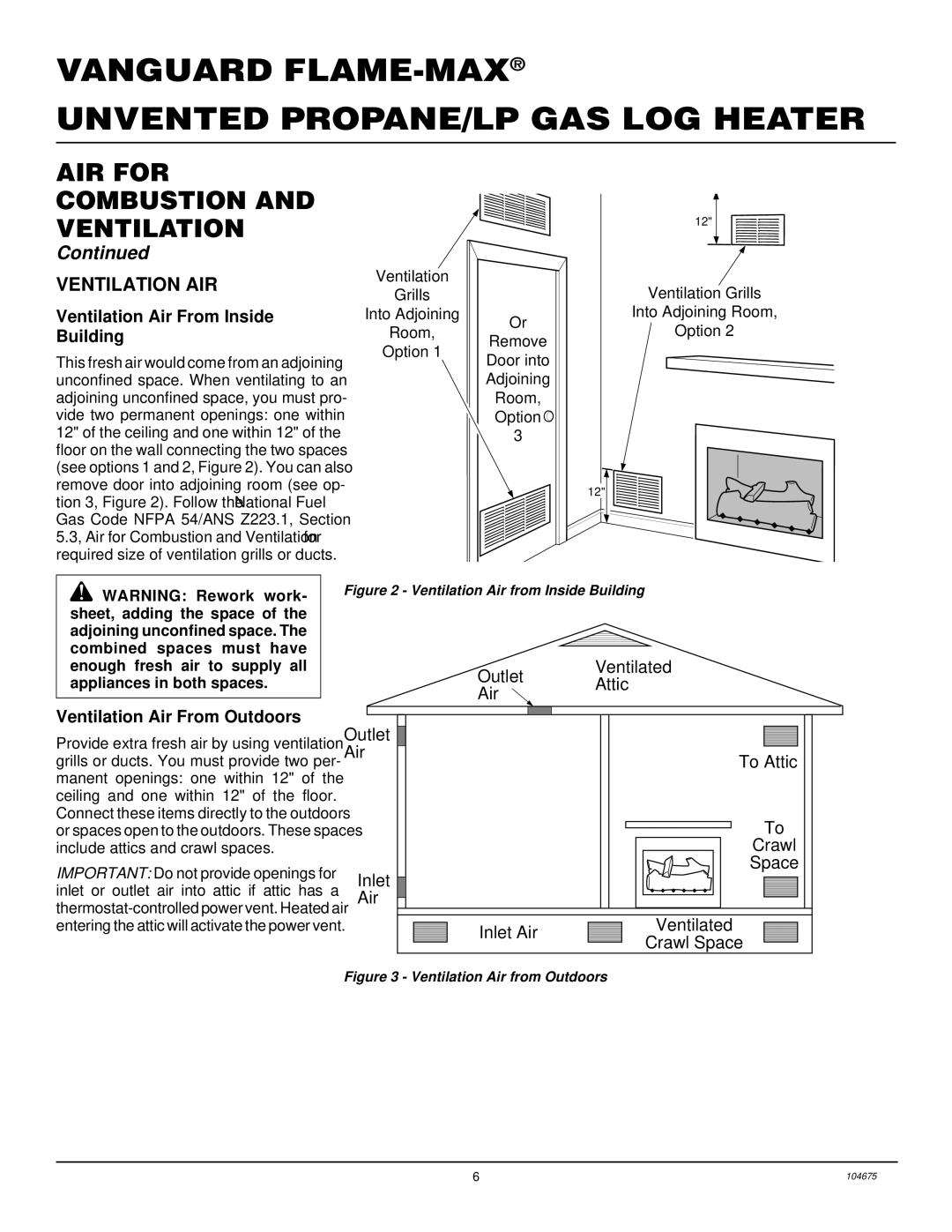 Desa VYM27PR installation manual Ventilation AIR, Ventilation Air From Inside, Building, Ventilation Air From Outdoors 