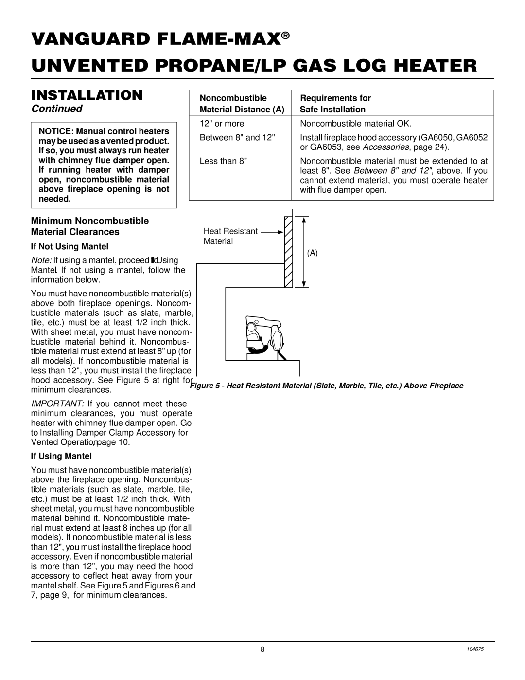 Desa VYM27PR installation manual Minimum Noncombustible Material Clearances, If Not Using Mantel, If Using Mantel 