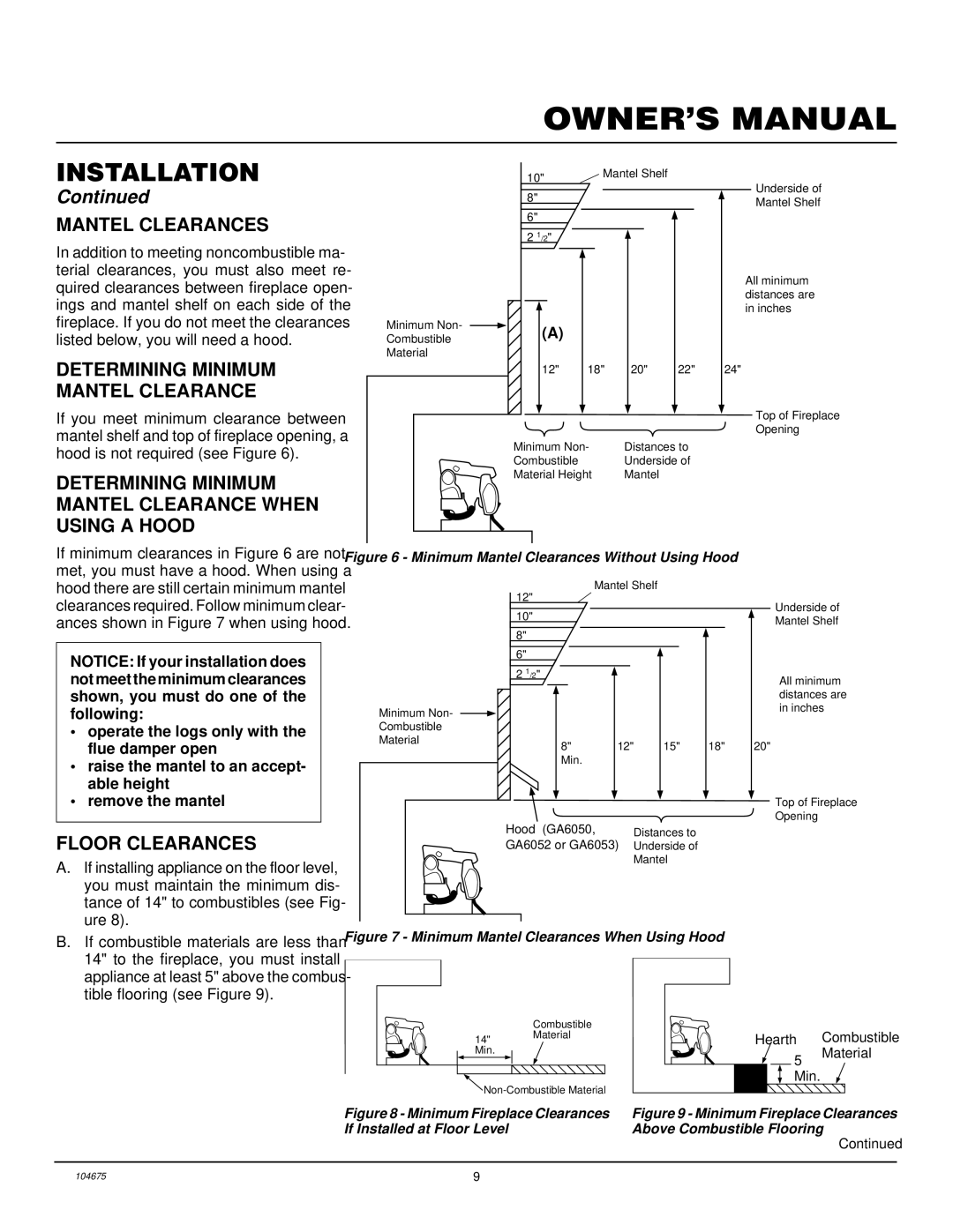 Desa VYM27PR installation manual Mantel Clearances, Determining Minimum Mantel Clearance, Floor Clearances 