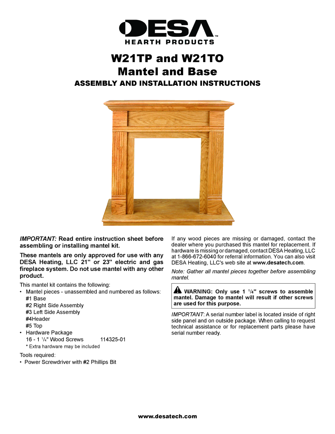 Desa installation instructions W21TP and W21TO Mantel and Base 