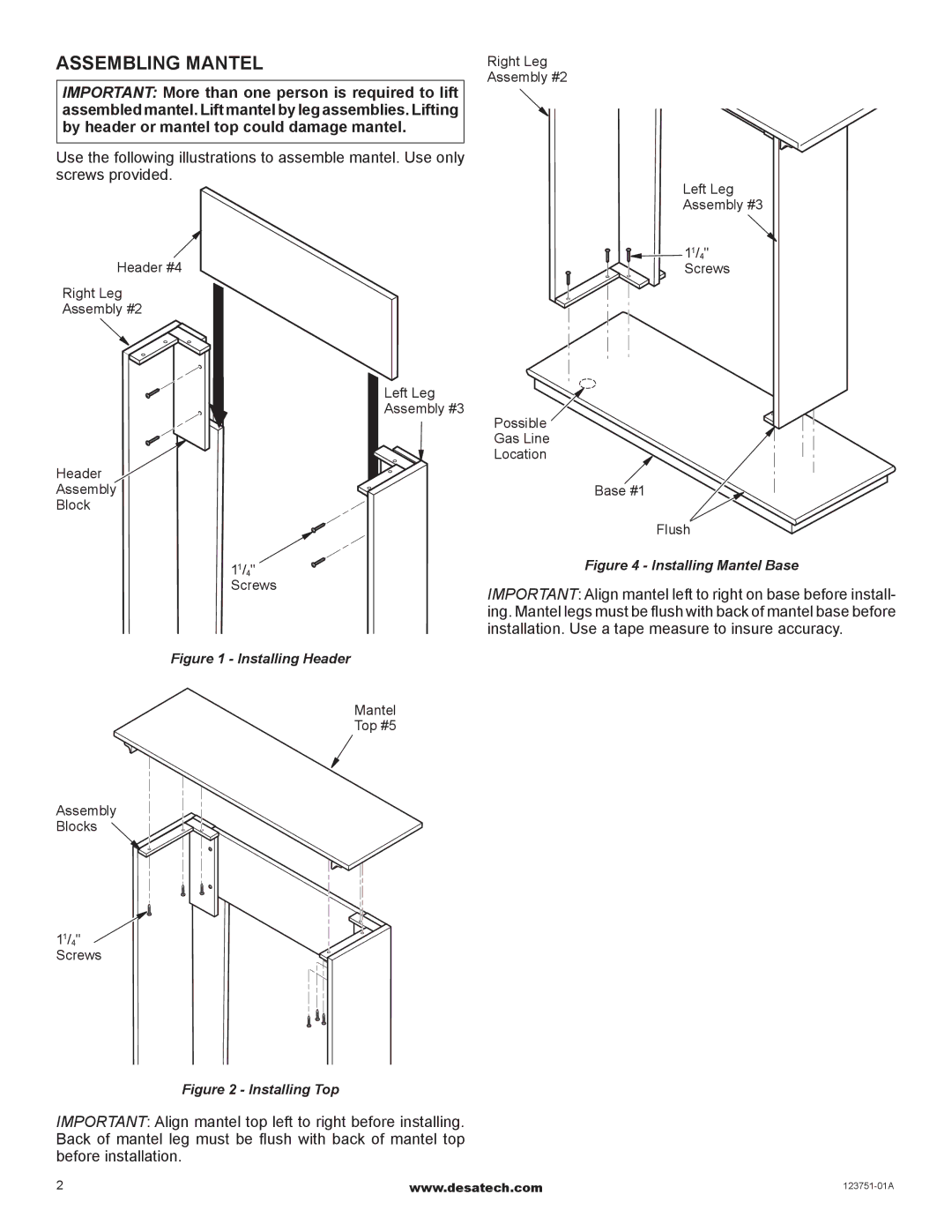 Desa W21TP, W21TO installation instructions Assembling Mantel, Installing Header 