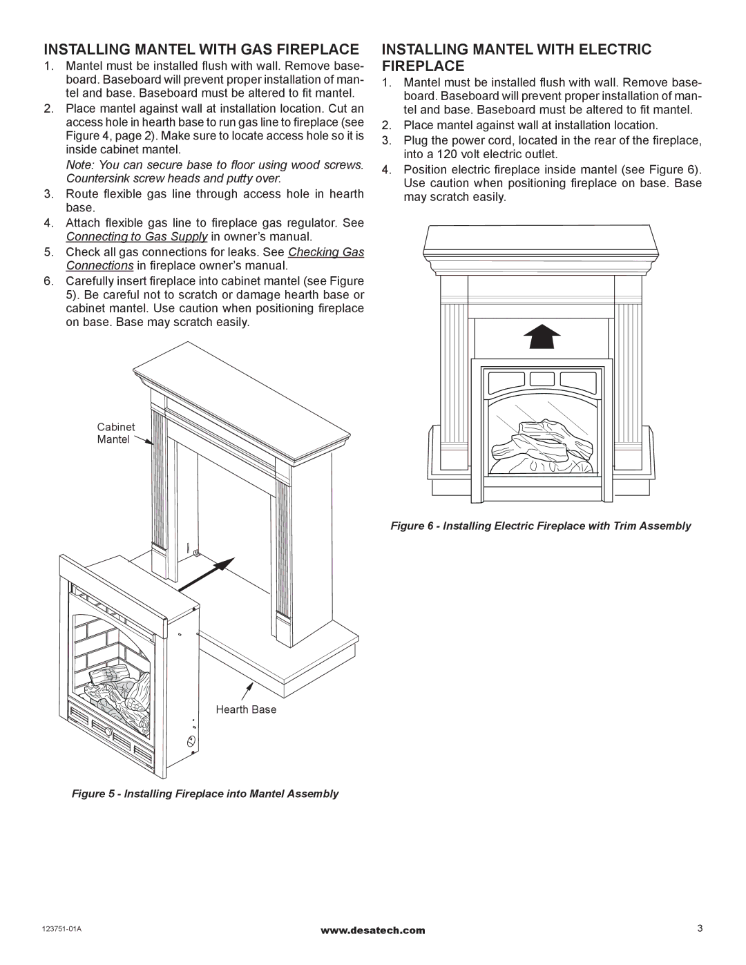 Desa W21TO, W21TP installation instructions Installing Mantel with GAS fireplace, Installing Mantel with electric fireplace 