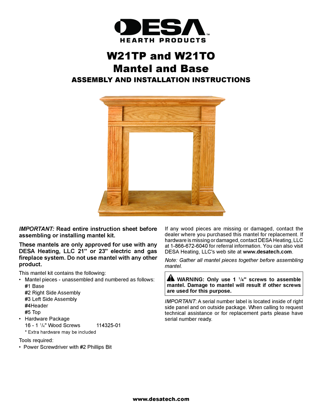 Desa installation instructions W21TP and W21TO Mantel and Base, Assembly And Installation Instructions 