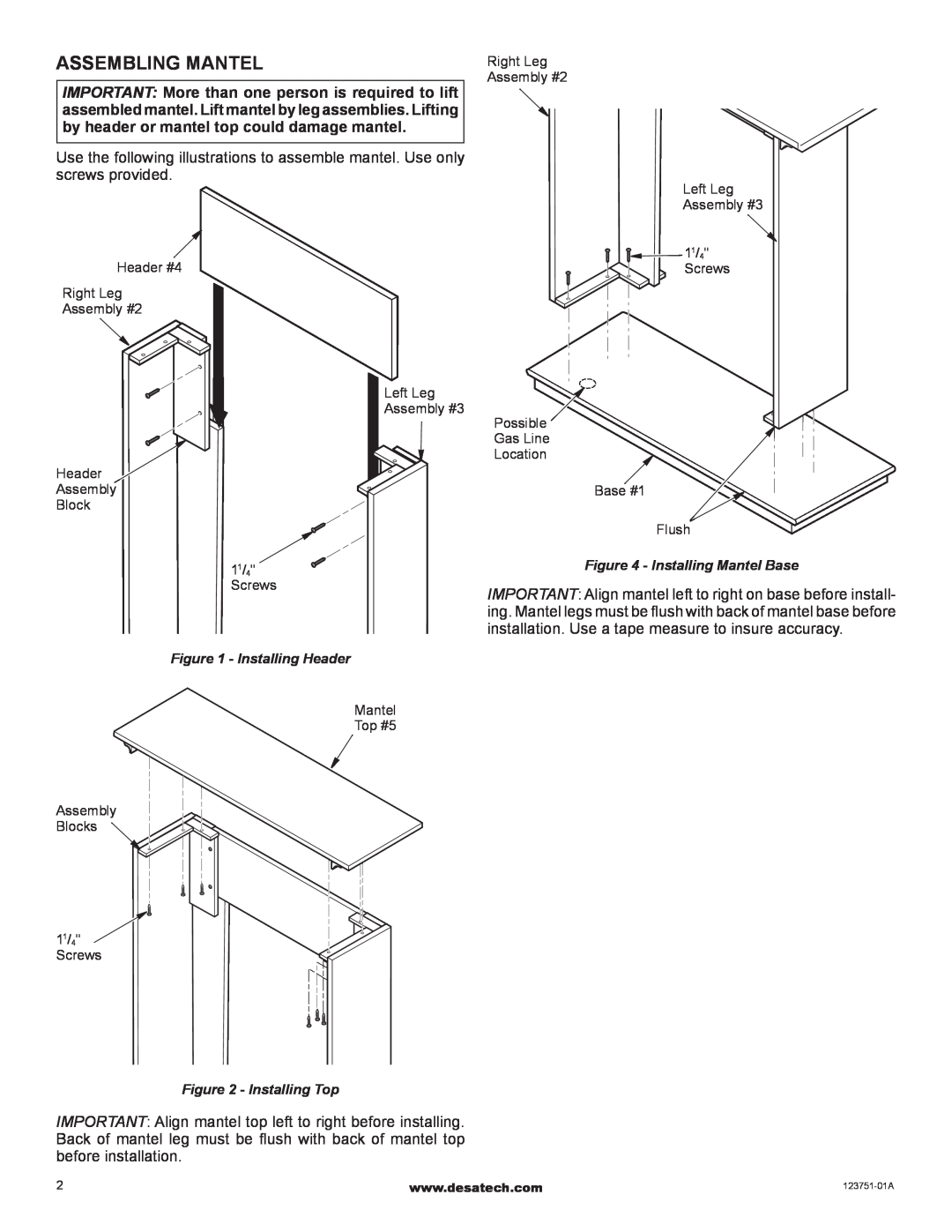 Desa W21TP, W21TO installation instructions Assembling Mantel, Installing Header, Installing Mantel Base, Installing Top 