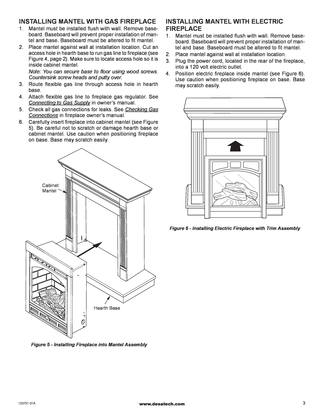 Desa W21TO Installing Mantel with GAS fireplace, Installing Mantel with electric fireplace, Cabinet Mantel, Hearth Base 