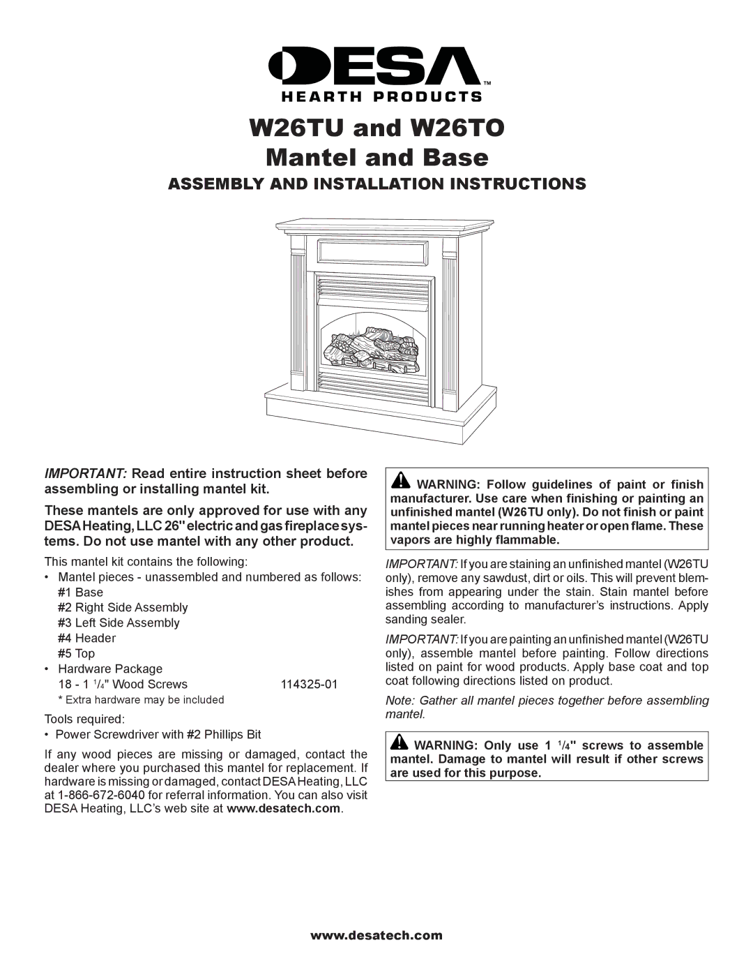 Desa installation instructions W26TU and W26TO Mantel and Base 