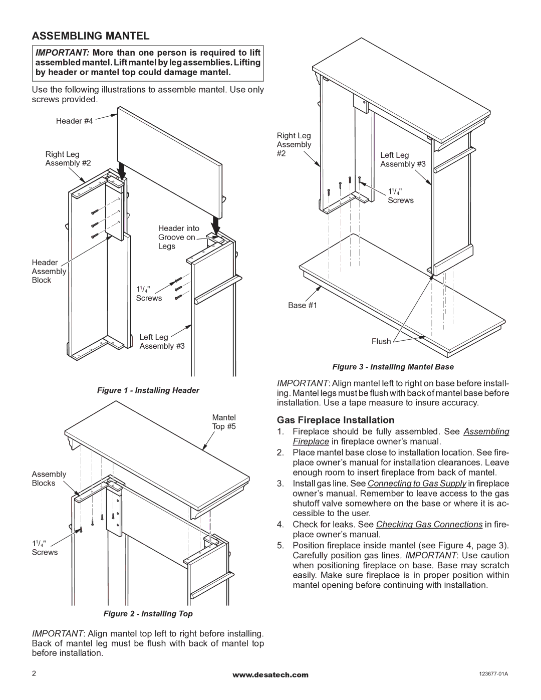 Desa W32CO installation instructions Assembling Mantel, Gas Fireplace Installation 