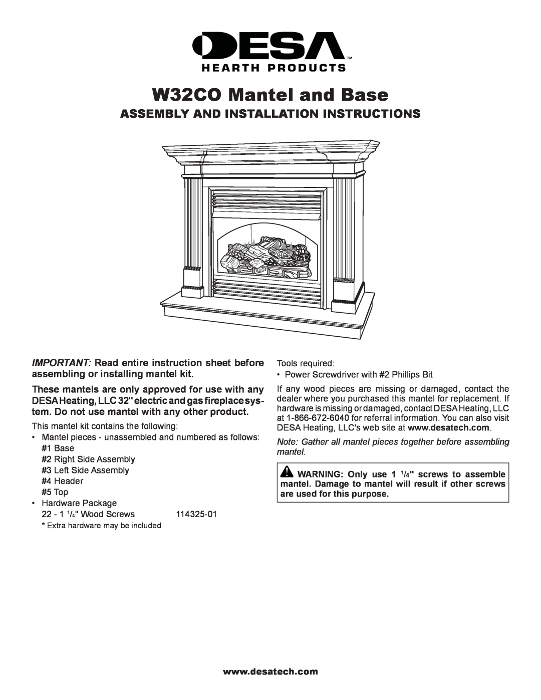 Desa installation instructions W32CO Mantel and Base, Assembly And Installation Instructions 