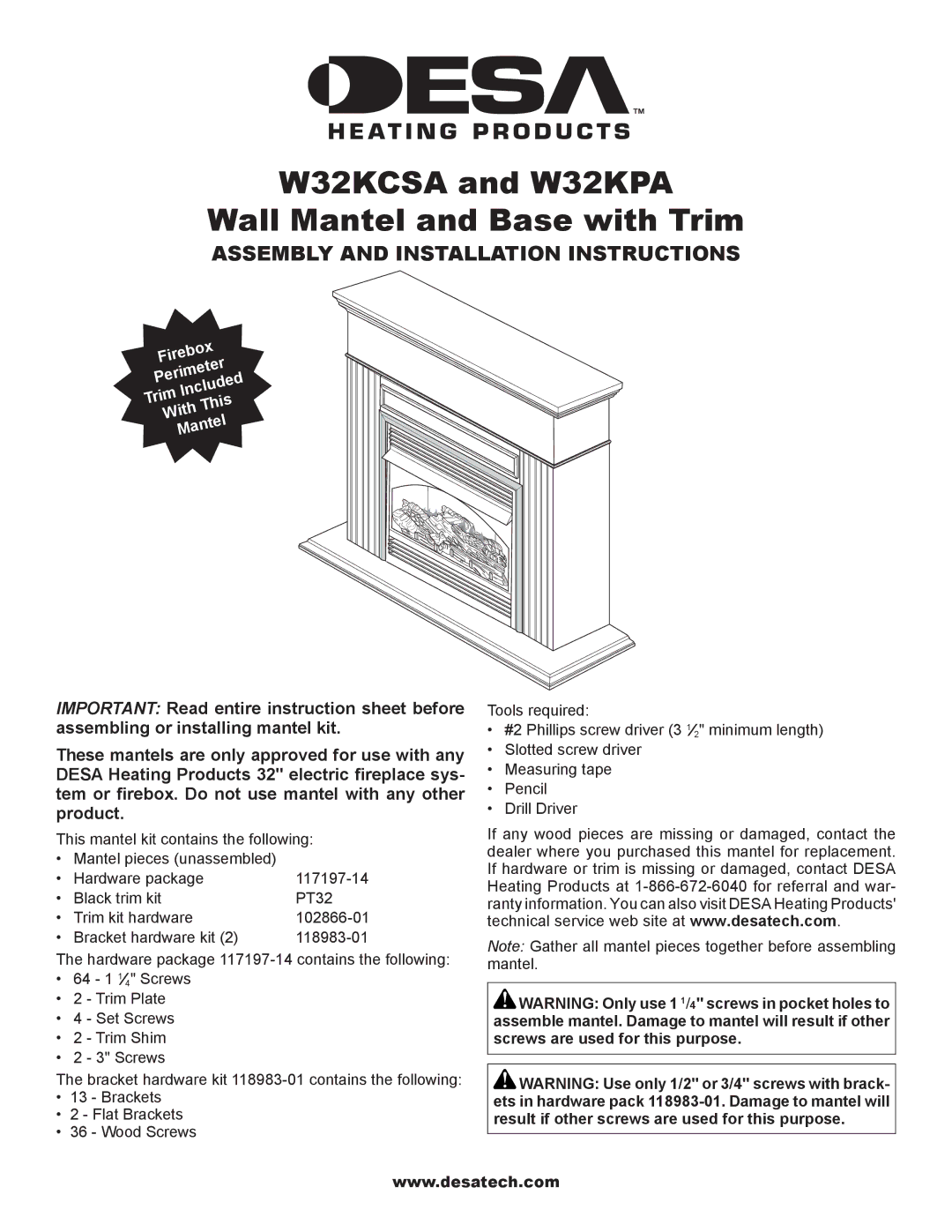 Desa installation instructions W32KCSA and W32KPA Wall Mantel and Base with Trim 