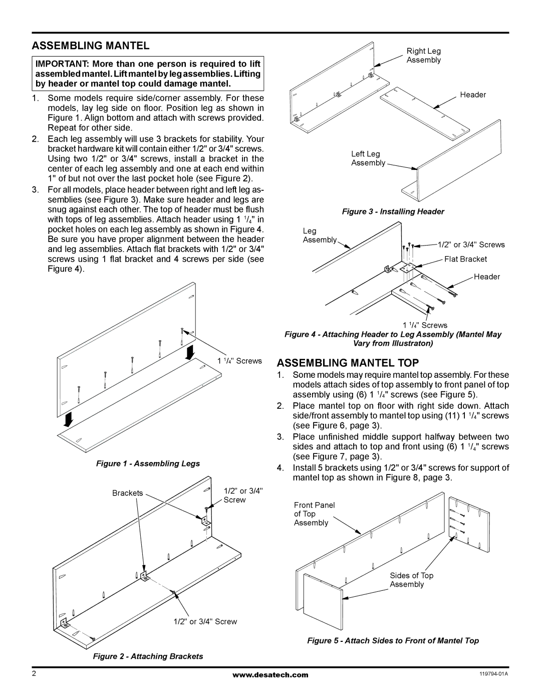 Desa W32KCSA, W32KPA installation instructions Assembling Mantel Top 