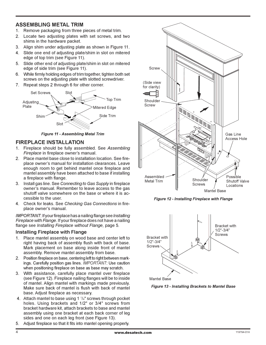 Desa W32KCSA, W32KPA Assembling metal trim, Fireplace Installation, Installing Fireplace with Flange 