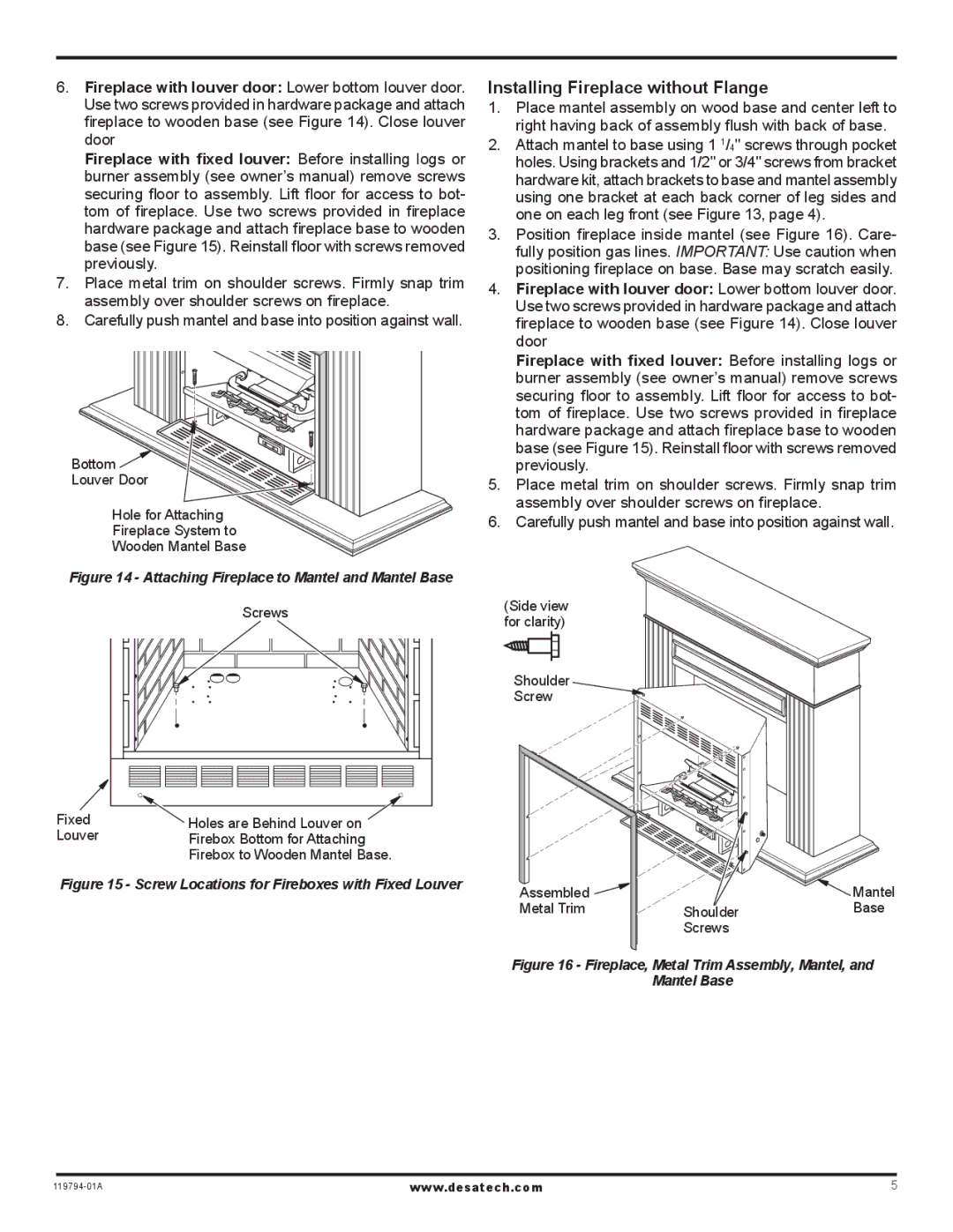 Desa W32KPA, W32KCSA Installing Fireplace without Flange, Attaching Fireplace to Mantel and Mantel Base 