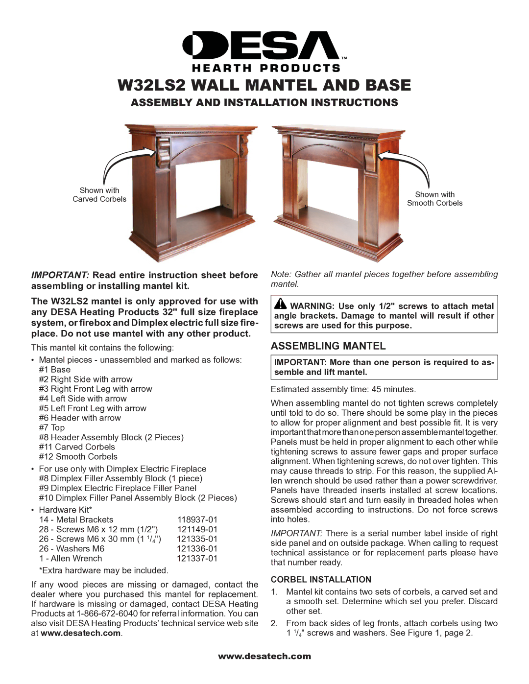 Desa W32LS2 installation instructions Assembling Mantel, Corbel Installation 