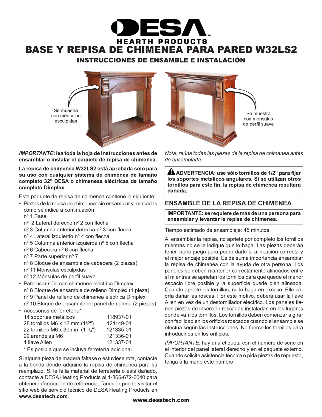 Desa installation instructions Base y repisa de chimenea para pared W32LS2 