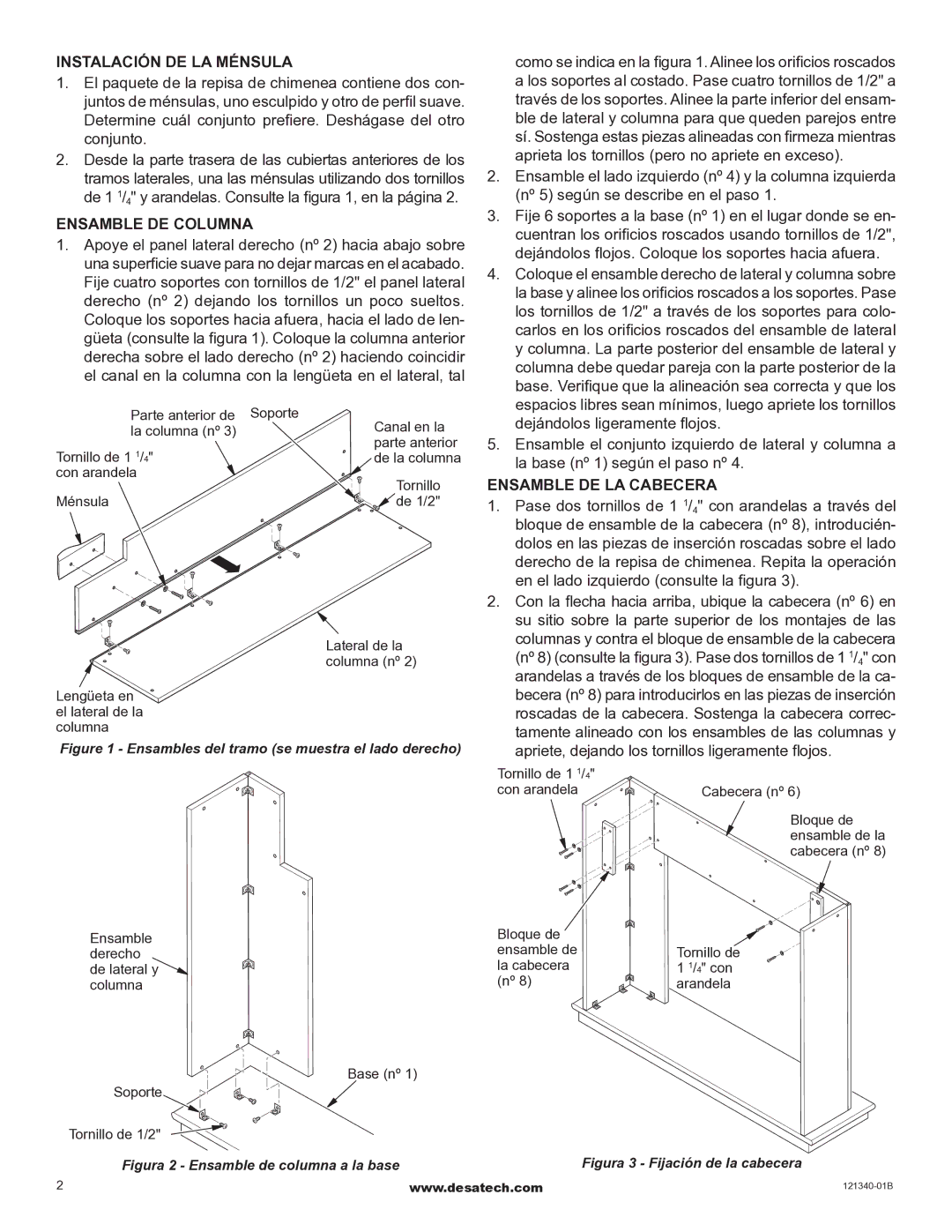 Desa W32LS2 installation instructions Instalación de la ménsula, Ensamble de columna, Ensamble de la cabecera 