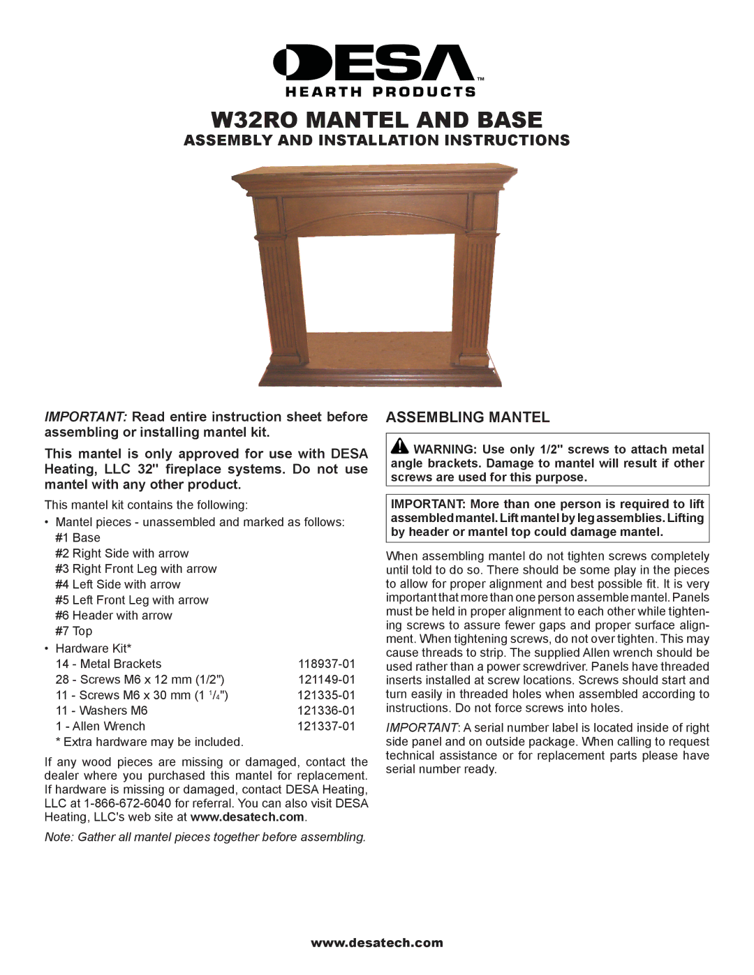 Desa installation instructions W32RO Mantel and Base, Assembling Mantel 