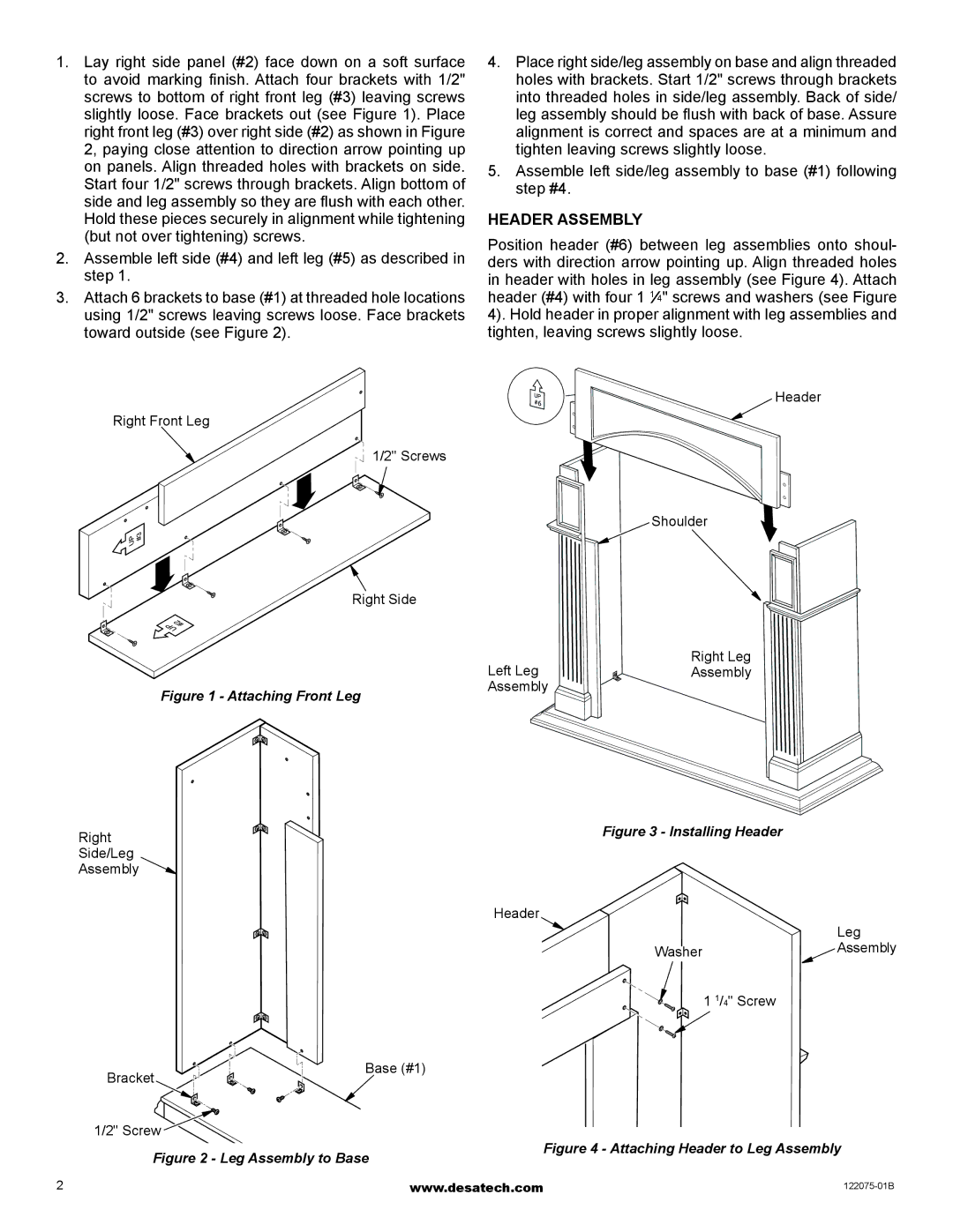 Desa W32RO installation instructions Header Assembly, Attaching Front Leg 