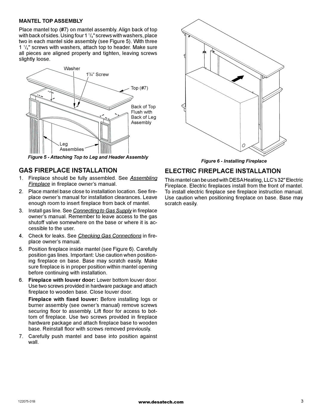 Desa W32RO installation instructions Gas Fireplace Installation, Electric Fireplace Installation, Mantel Top Assembly 