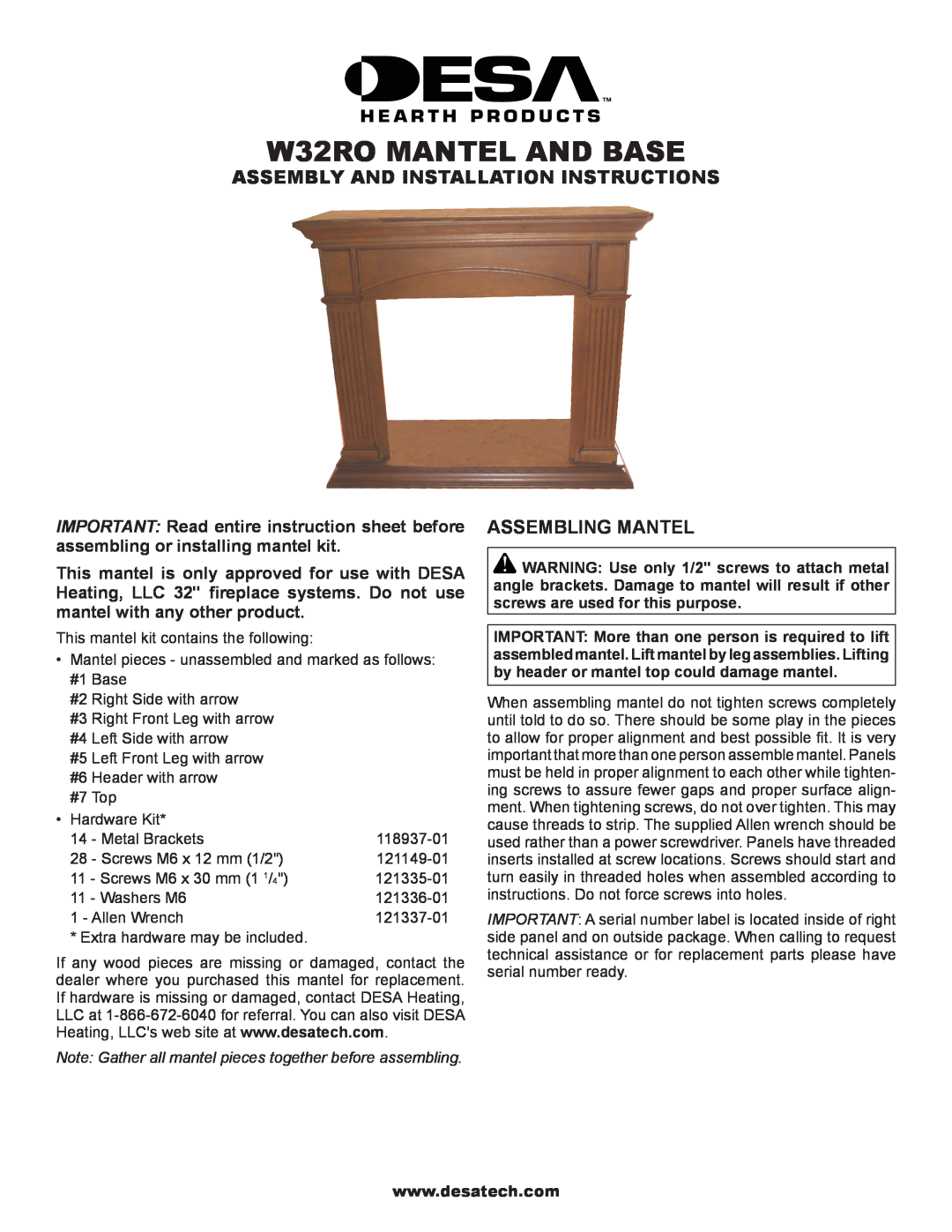 Desa installation instructions Assembly And Installation Instructions, Assembling Mantel, W32RO Mantel and Base 