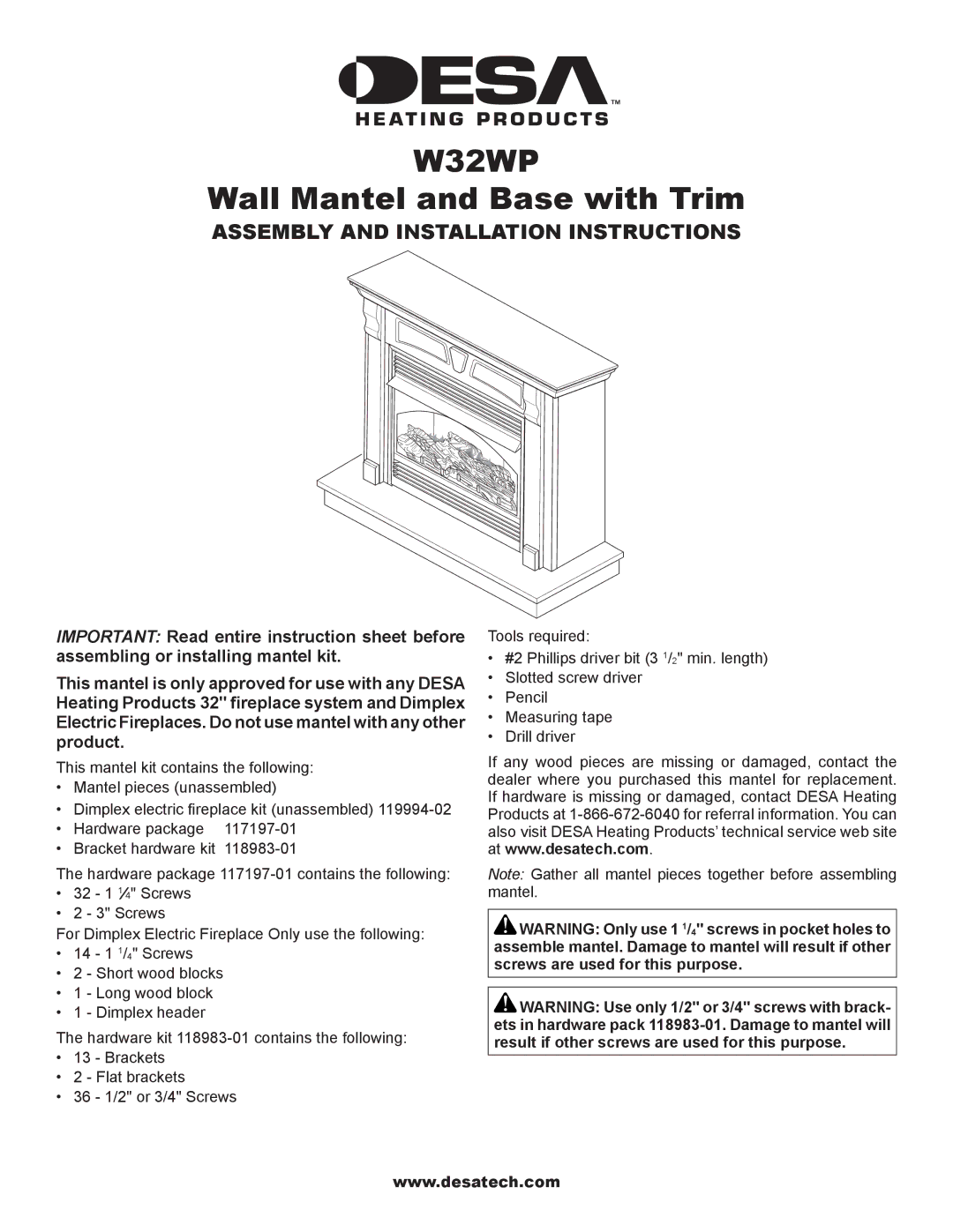 Desa W32WP installation instructions Wall Mantel and Base with Trim, Assembly and Installation Instructions 