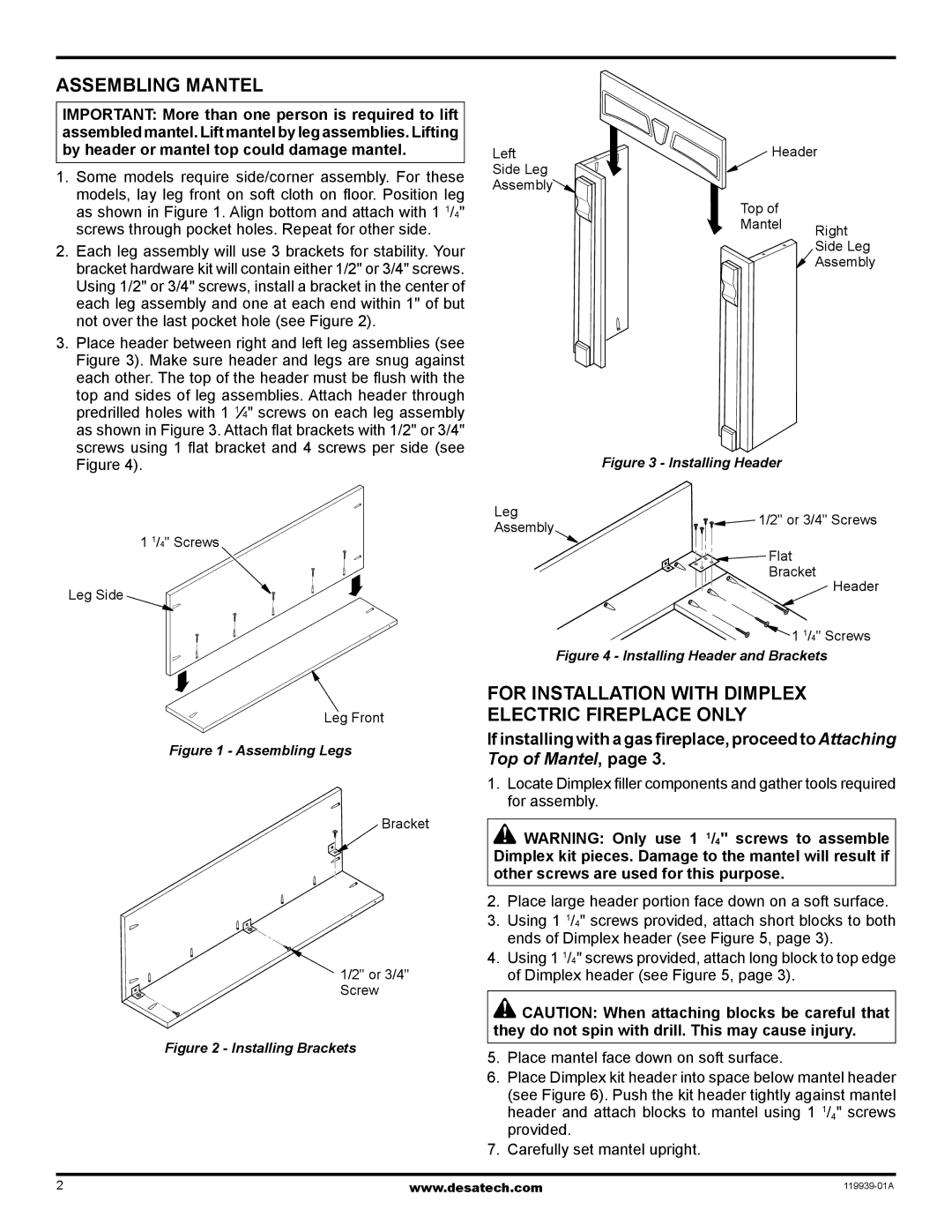 Desa W32WP installation instructions Assembling Mantel, For installation with dimplex electric fireplace only 