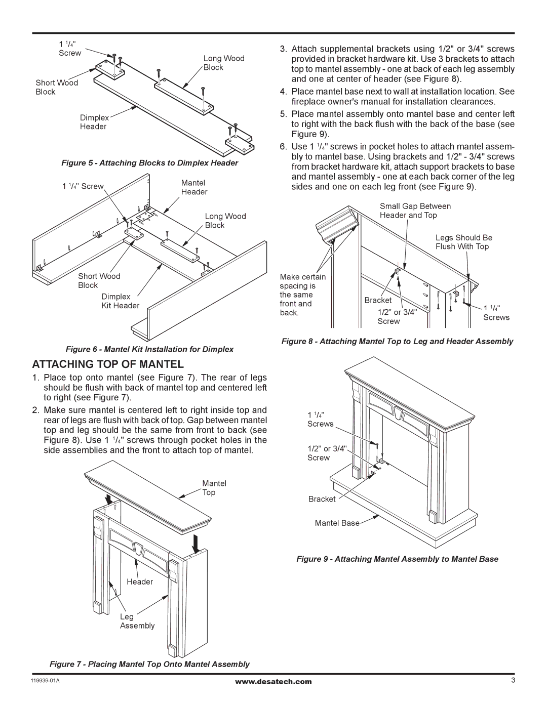 Desa W32WP installation instructions Attaching Top of Mantel, Attaching Blocks to Dimplex Header 