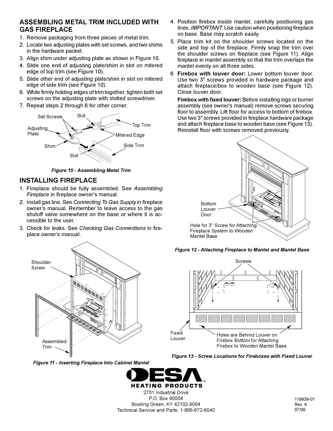 Desa W32WP Assembling metal Trim Included with Gas Fireplace, Installing FireplacE, Close louver door 