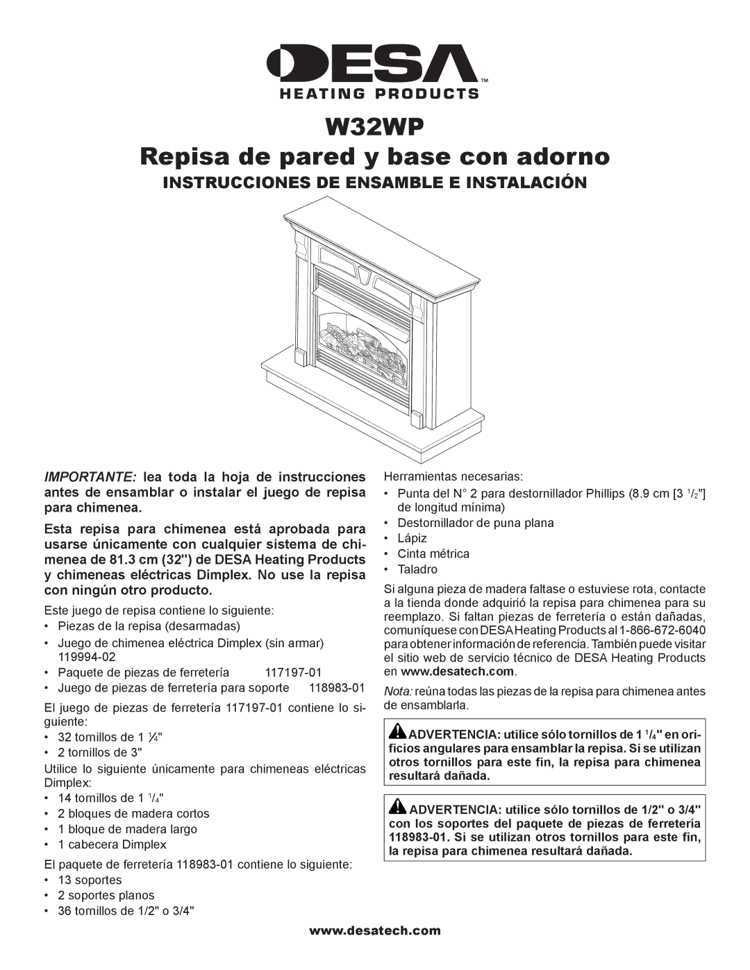 Desa W32WP installation instructions Repisa de pared y base con adorno, Instrucciones DE Ensamble E Instalación 