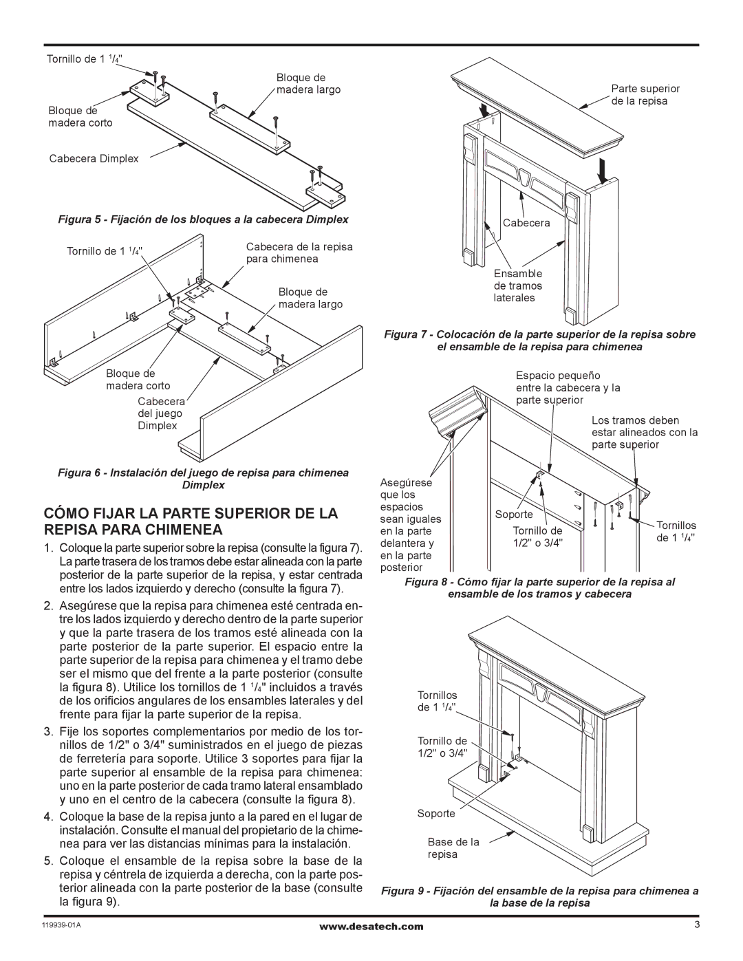 Desa W32WP installation instructions Cómo fijar la parte superior de la repisa para chimenea 