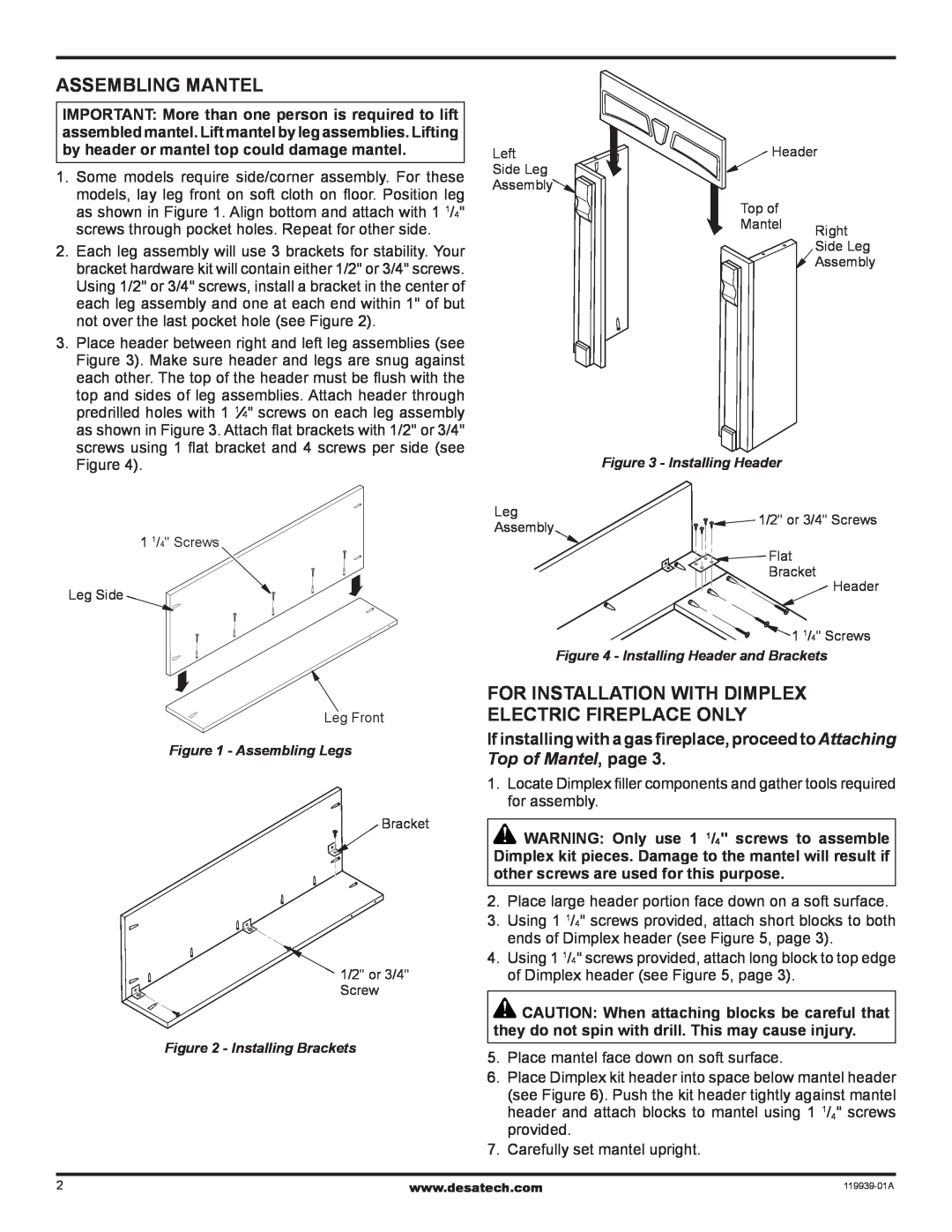 Desa W32WP installation instructions Assembling Mantel, For installation with dimplex electric fireplace only 