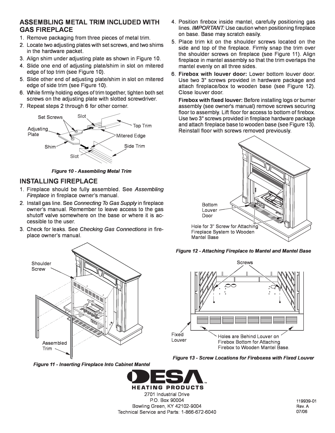 Desa W32WP installation instructions Assembling metal Trim Included with Gas Fireplace, Installing FireplacE 