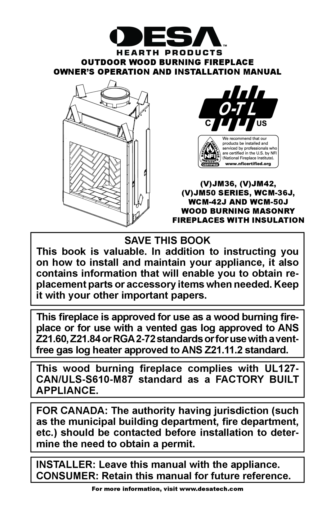 Desa (V)JM36, (V)JM50 SERIES installation manual VJM36, VJM42 VJM50 Series, WCM-36J, WCM-42J and WCM-50J 