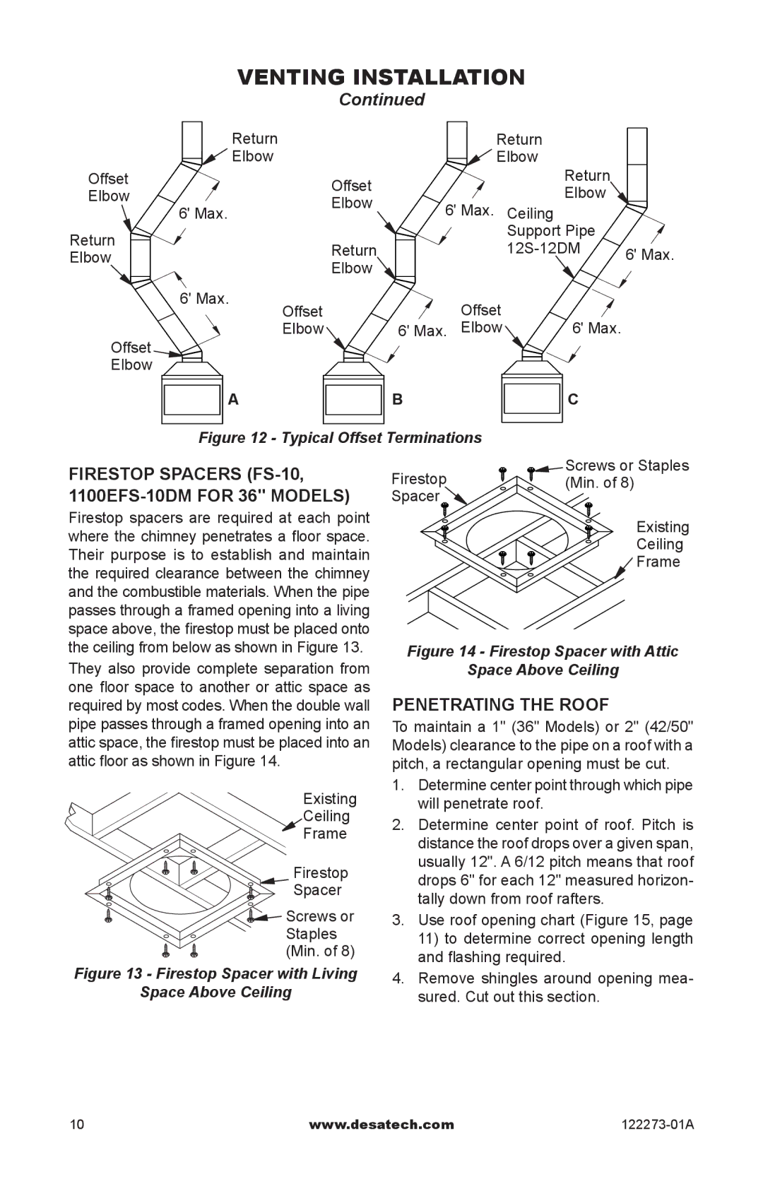 Desa WCM-36J, WCM-42J, WCM-50J, (V)JM36 Firestop Spacers FS-10, 1100EFS-10DM for 36 Models, Penetrating the roof 