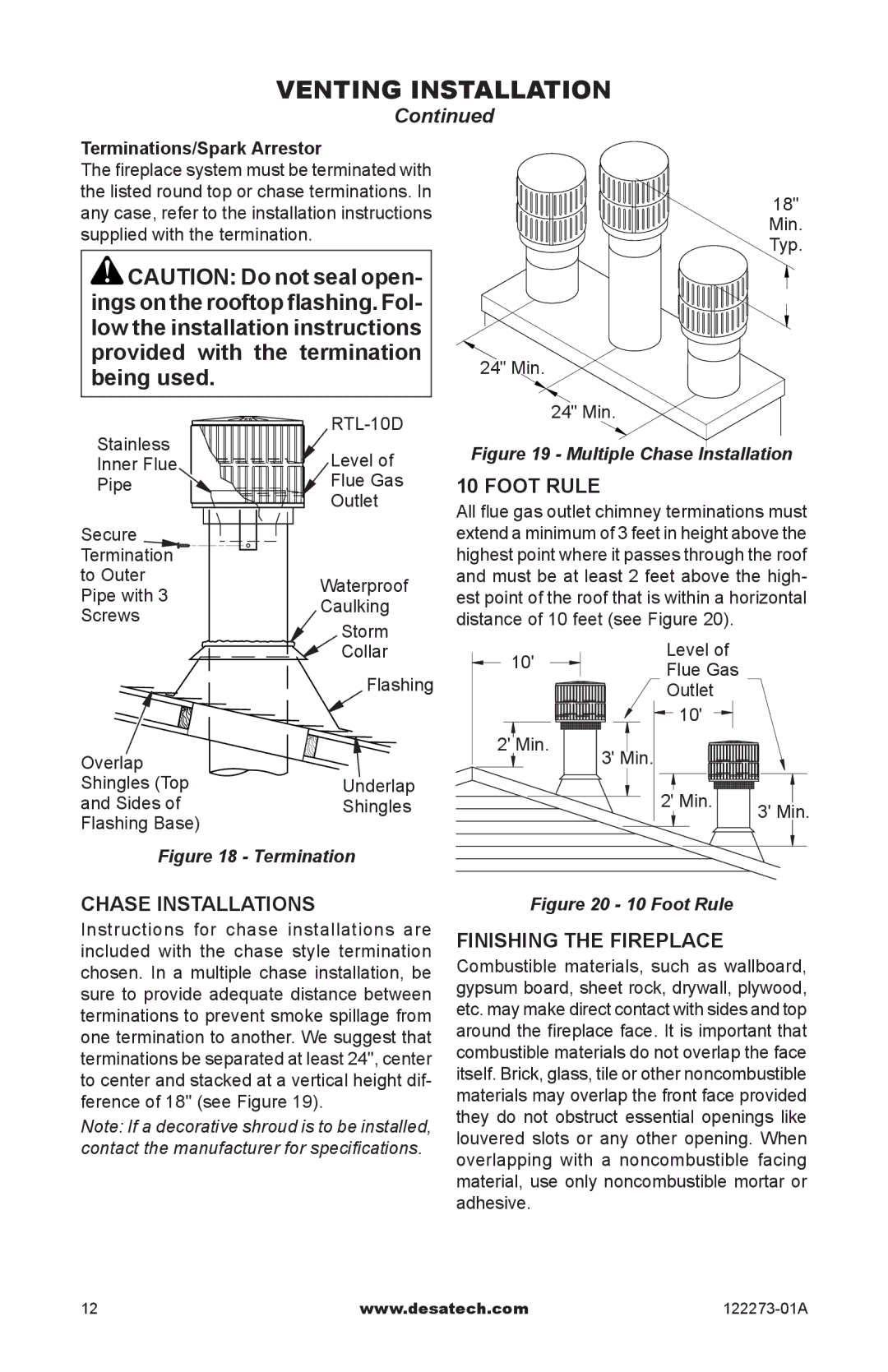 Desa WCM-50J, WCM-36J, WCM-42J Ings on the rooftop flashing. Fol, Chase installations, Foot rule, Finishing the fireplace 