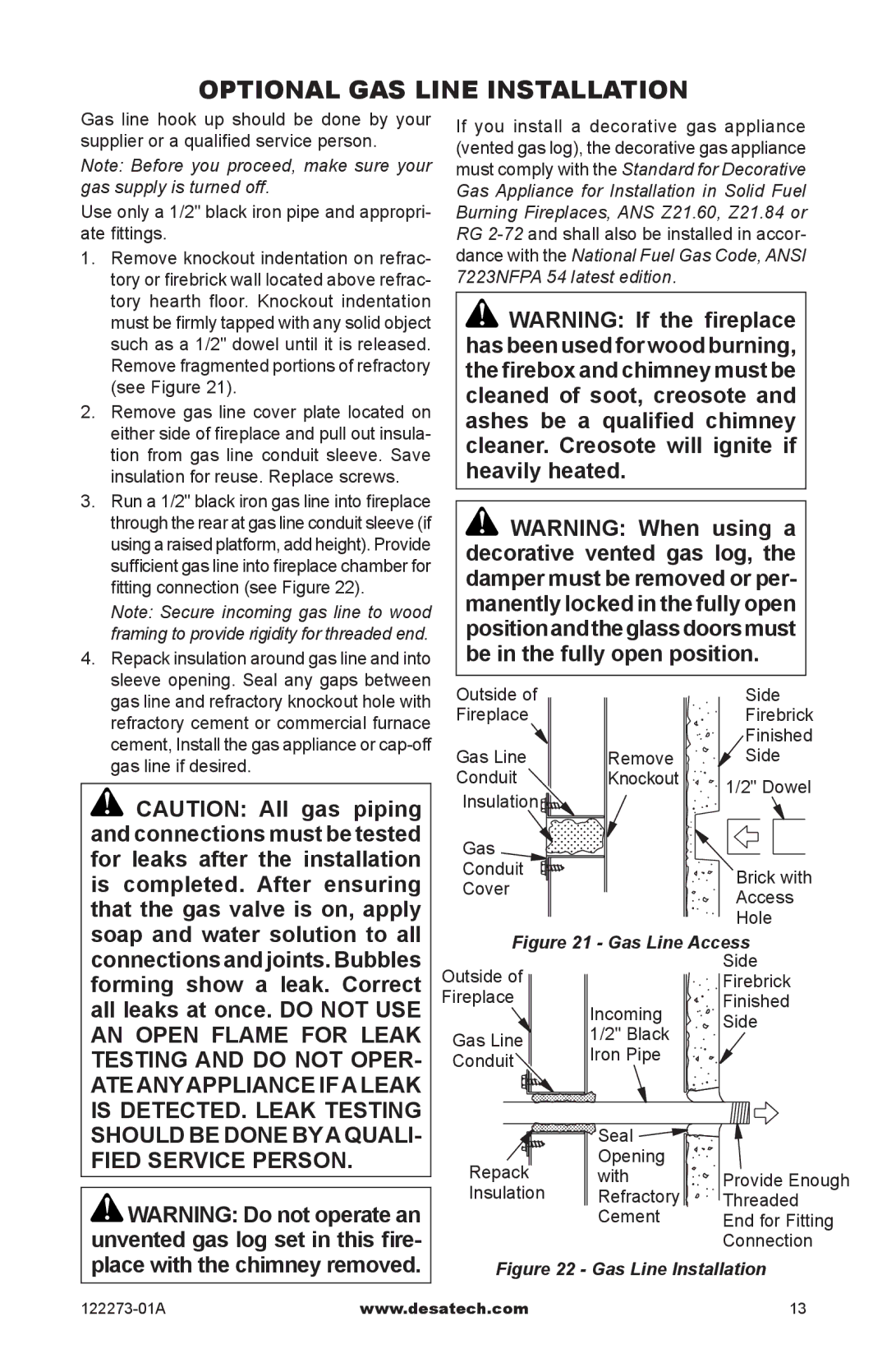 Desa (V)JM36, WCM-36J, WCM-42J, WCM-50J, (V)JM50 SERIES installation manual Optional Gas Line Installation, Gas Line Access 