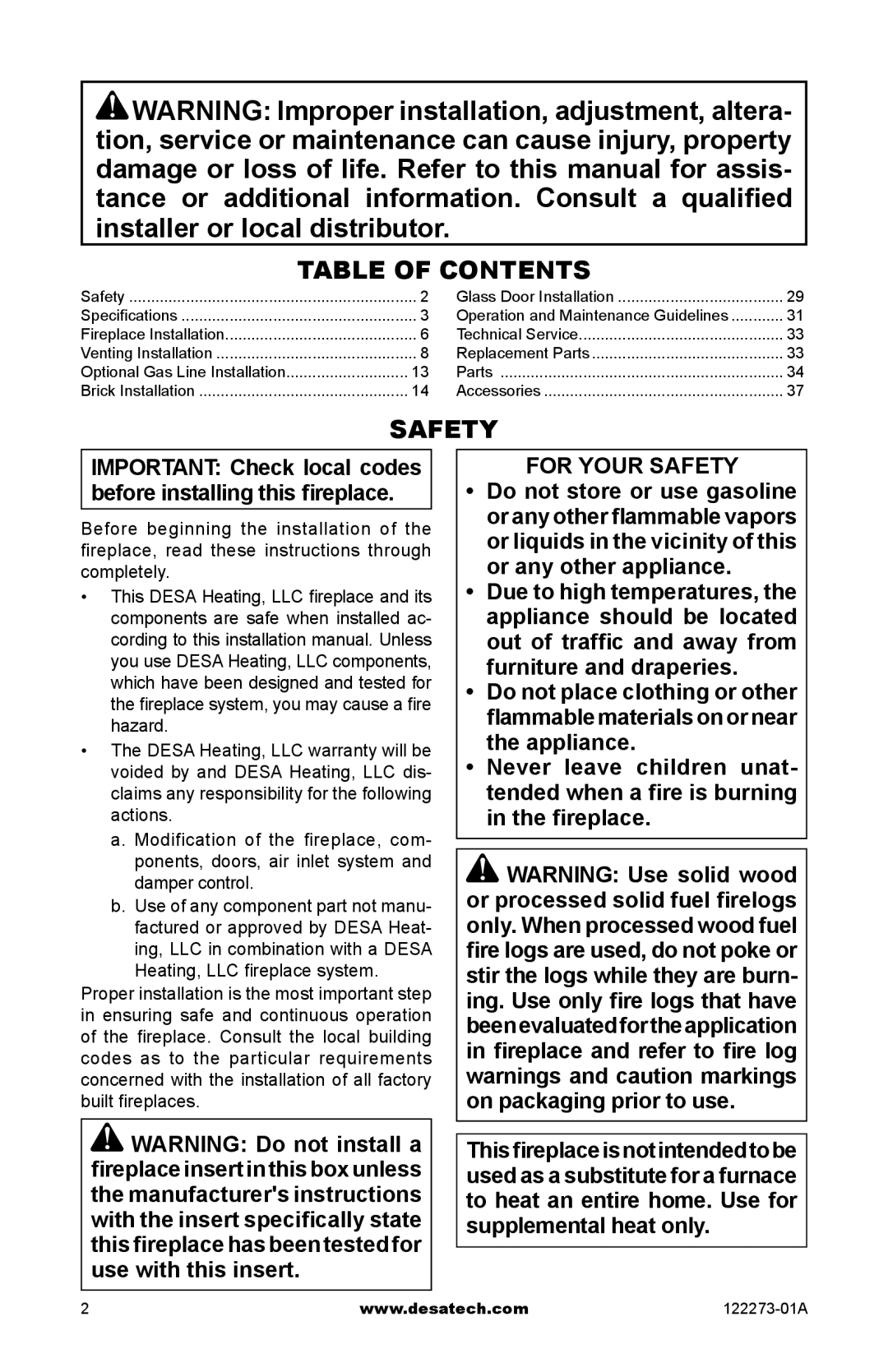 Desa WCM-50J, WCM-36J, WCM-42J, (V)JM36, (V)JM50 SERIES installation manual Table of Contents, Safety 