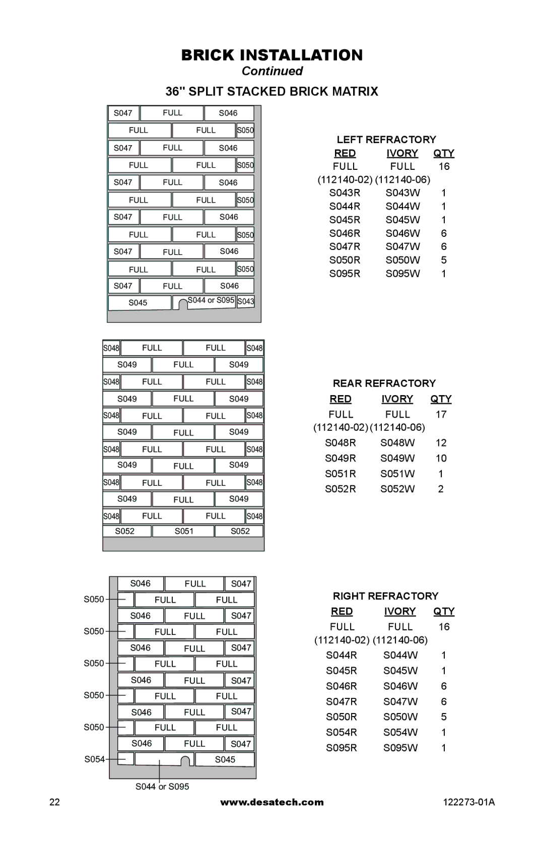 Desa WCM-50J, WCM-36J, WCM-42J, (V)JM36, (V)JM50 SERIES Split Stacked Brick Matrix, Right Refractory RED Ivory QTY 