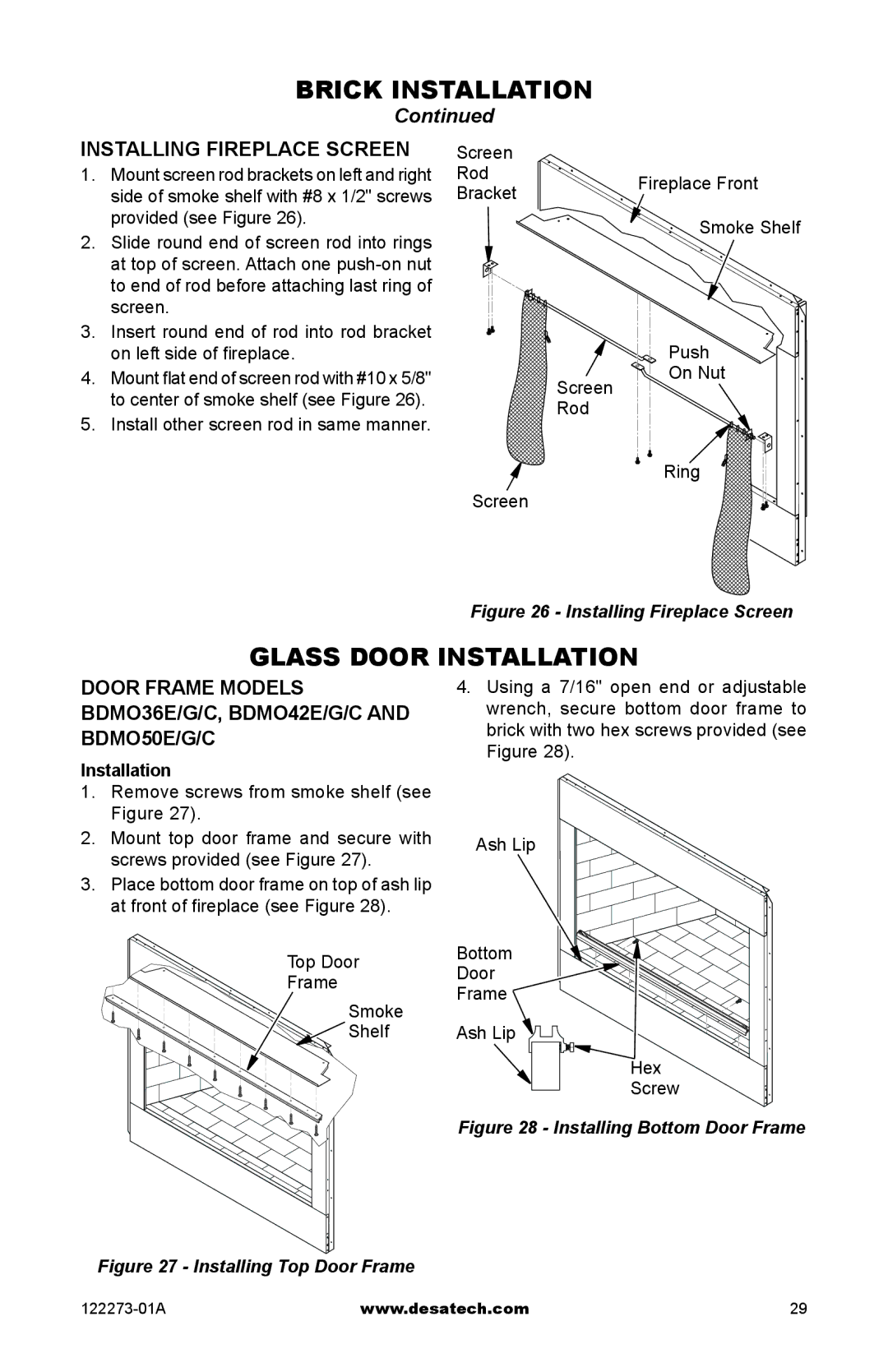 Desa (V)JM50 SERIES, WCM-36J, WCM-42J, WCM-50J, (V)JM36 Glass Door Installation, Installing Fireplace Screen 