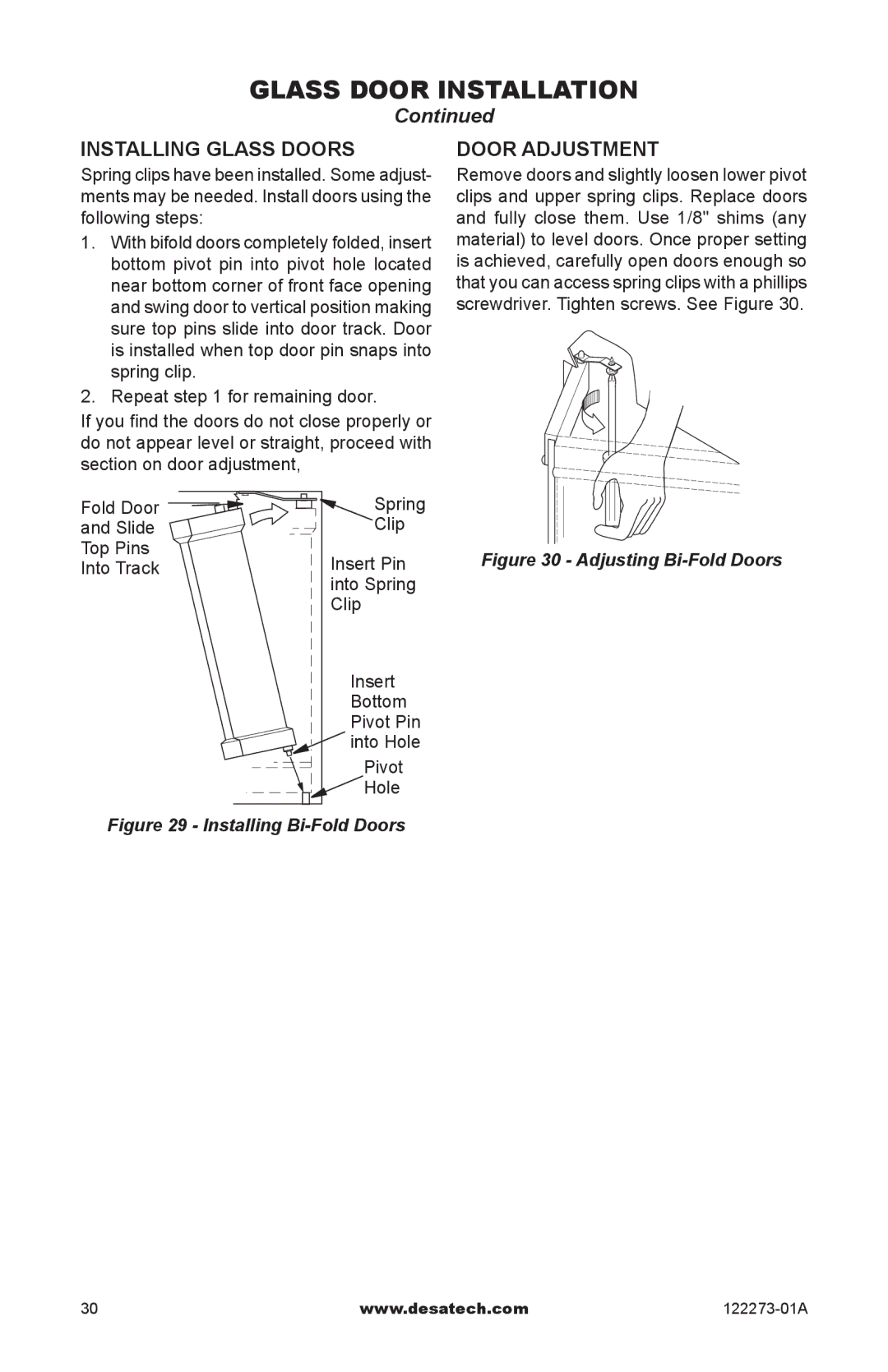 Desa WCM-36J, WCM-42J, WCM-50J, (V)JM36, (V)JM50 SERIES installation manual Installing glass doors, Door Adjustment 